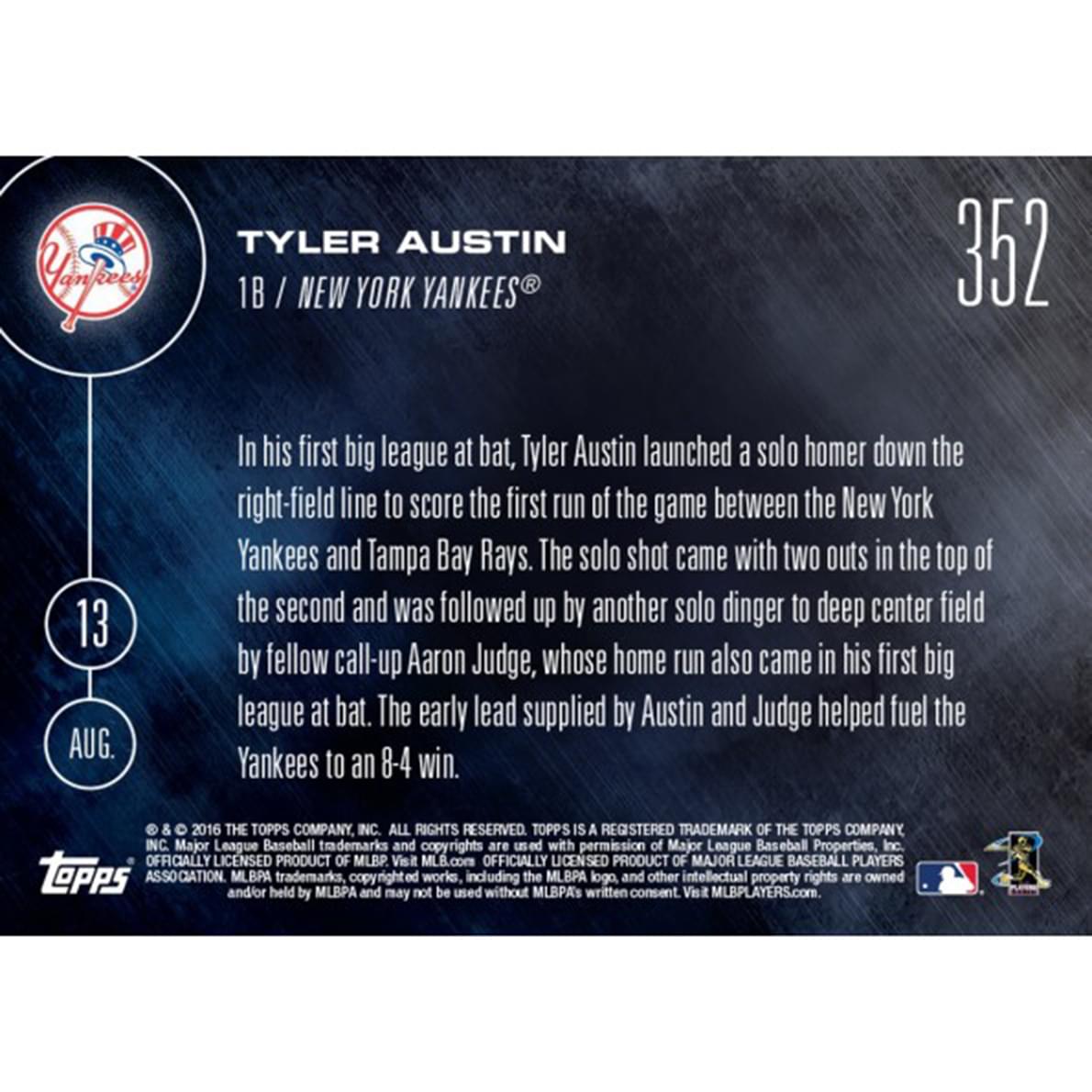 MLB Topps NOW Card 436 NY Yankees Tyler Austin Call-Up Trading Card