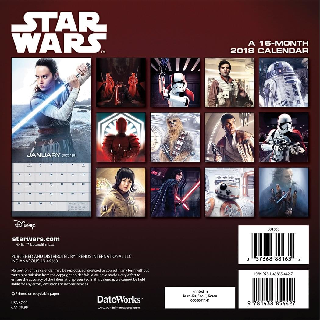Star Wars: The Last Jedi 2018 Mini Wall Calendar