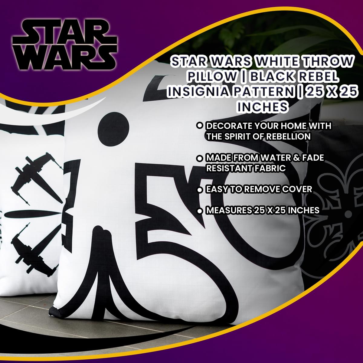 Star Wars White Throw Pillow | Black Rebel Insignia Pattern | 25 x 25 Inches