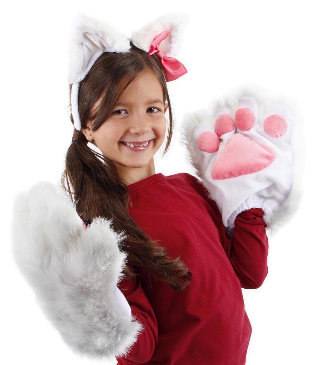 White & Pink Kitty Paws Costume Gloves Adult