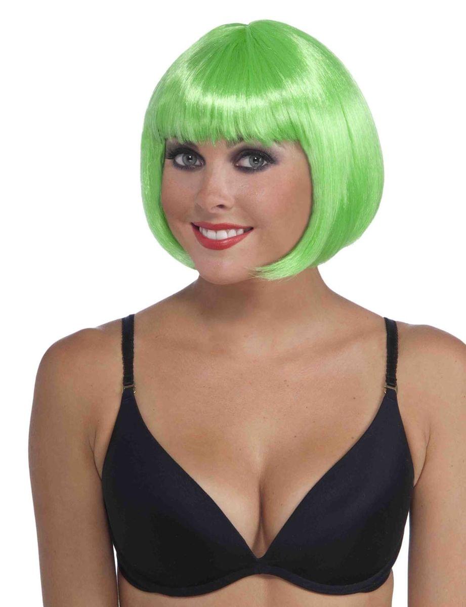Neon Green Sassy Bob Adult Costume Wig With Bangs