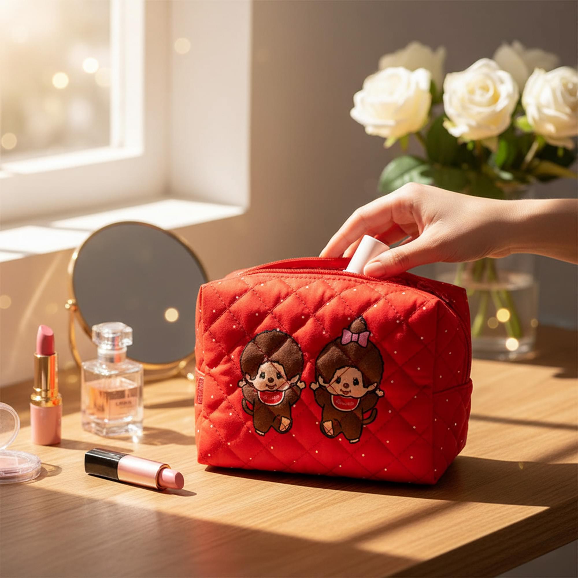 Monchhichi Boy and Girl Red Quilted Pouch