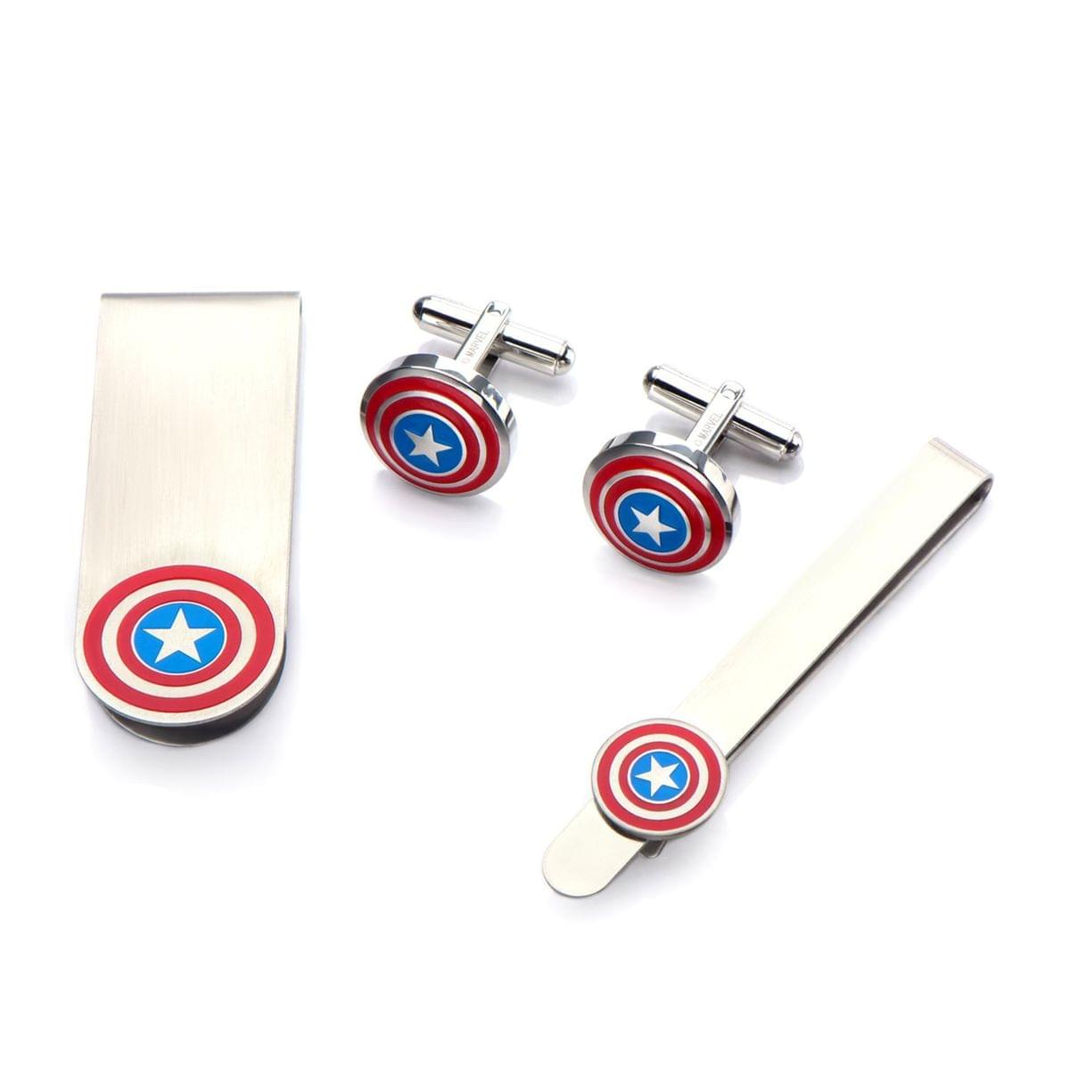 Marvel Captain America Stainless Steel Money Clip, Tie Bar & Cuff Links Set