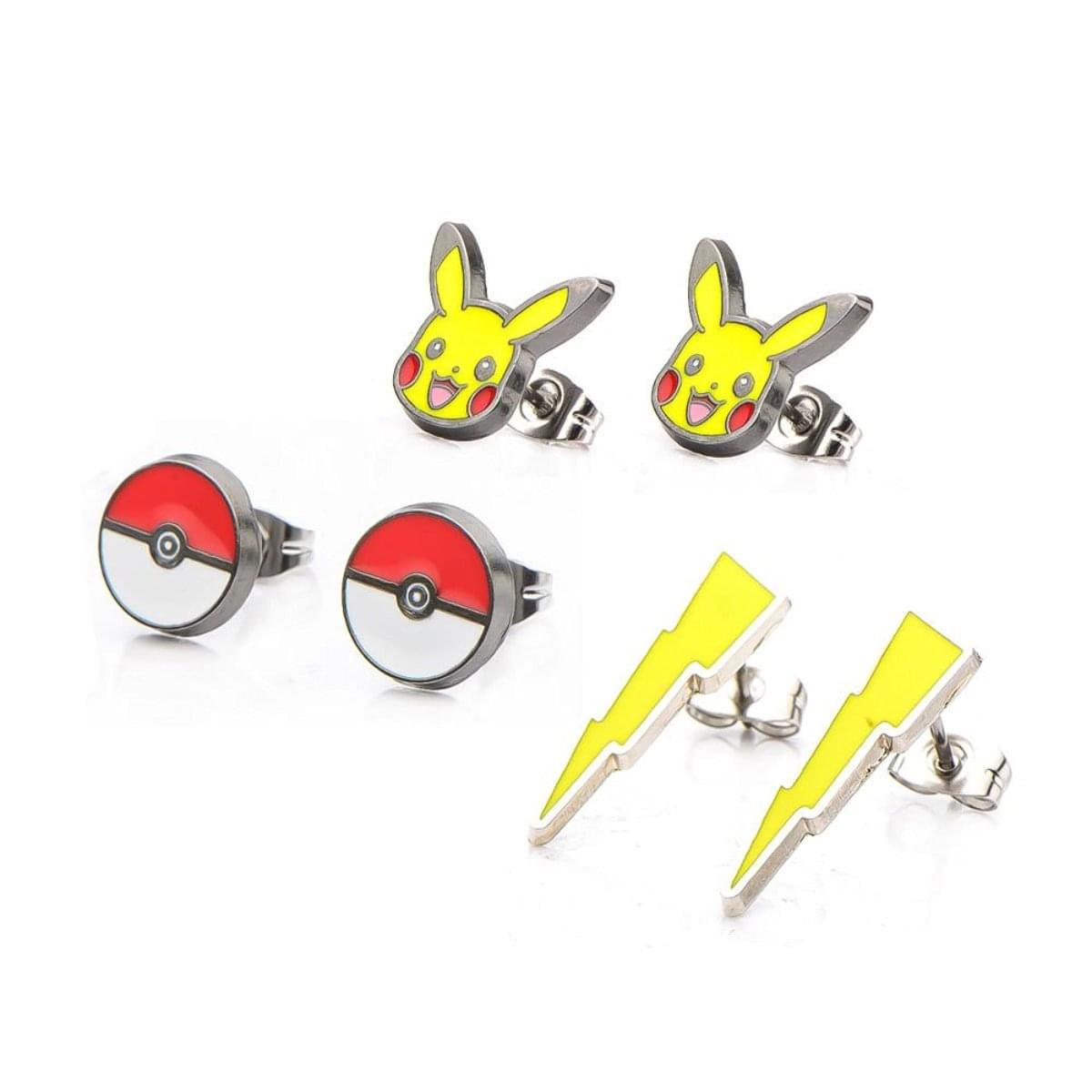 Pokemon Pikachu, Lightning Bolt & Pokeball Stud Earrings, Set of 3