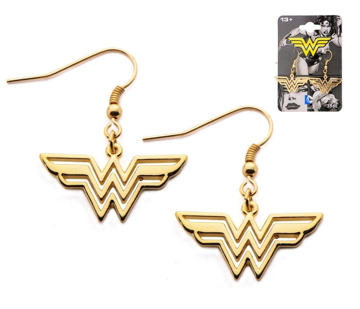 Wonder Woman Logo Gold Plated Stainless Steel Dangle Earrings