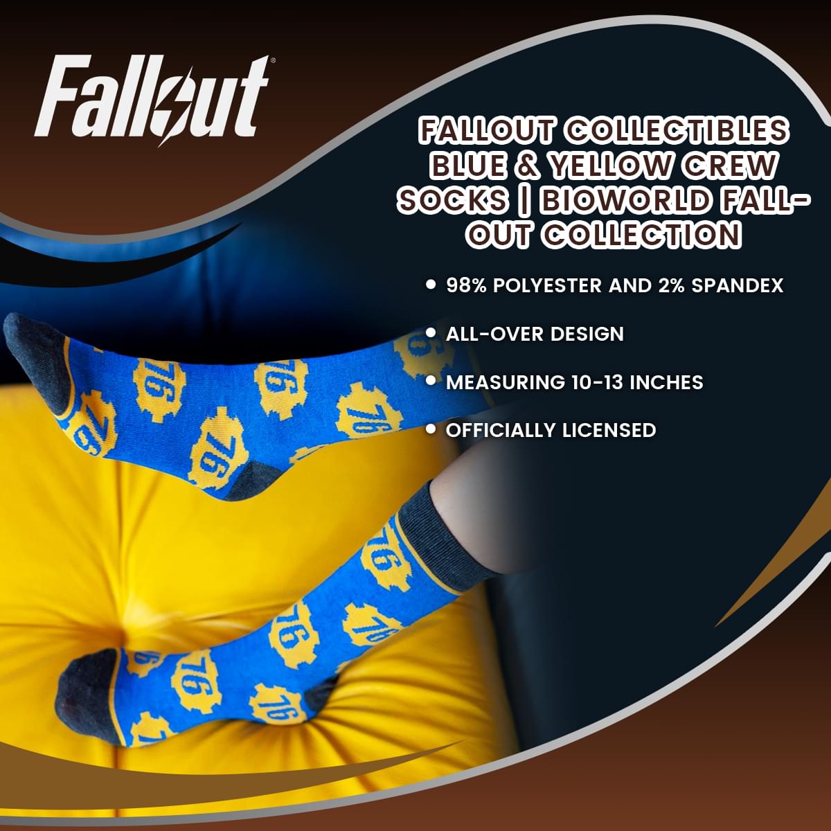 Fallout Collectibles | Blue & Yellow Crew Socks | BIOWORLD Fallout collection