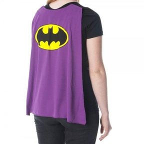 Batman Glittered Logo Juniors Black V-Neck Cape T-Shirt