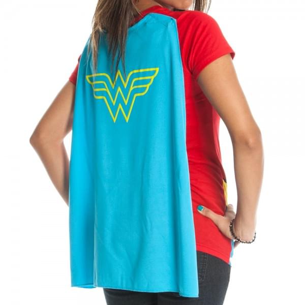 DC Comics Wonder Woman Glittered Juniors Red V Neck T-Shirt And Cape
