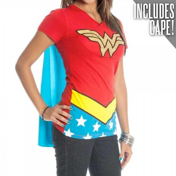 DC Comics Wonder Woman Glittered Juniors Red V Neck T-Shirt And Cape