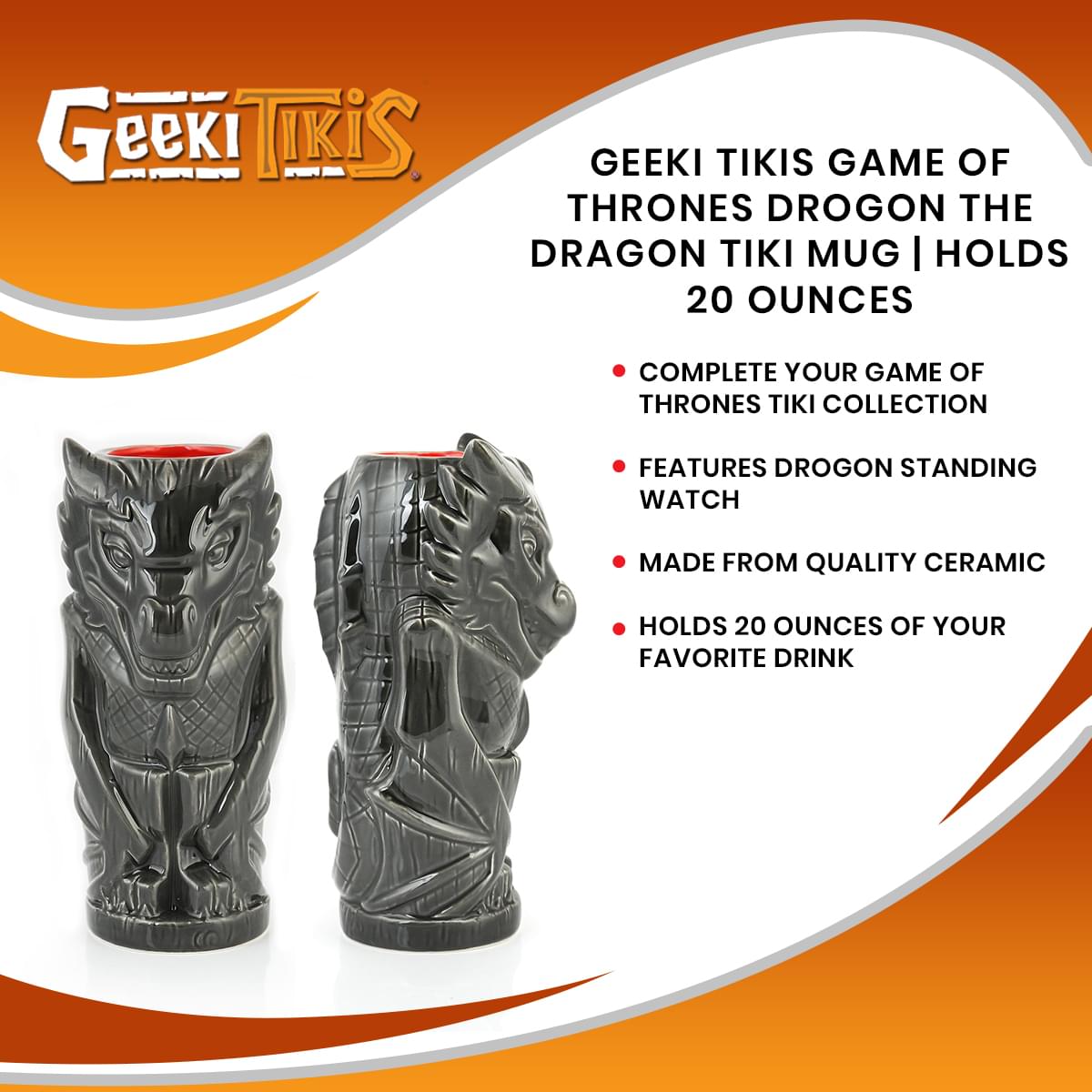 Geeki Tikis Game of Thrones Drogon the Dragon Tiki Mug | Holds 20 Ounces