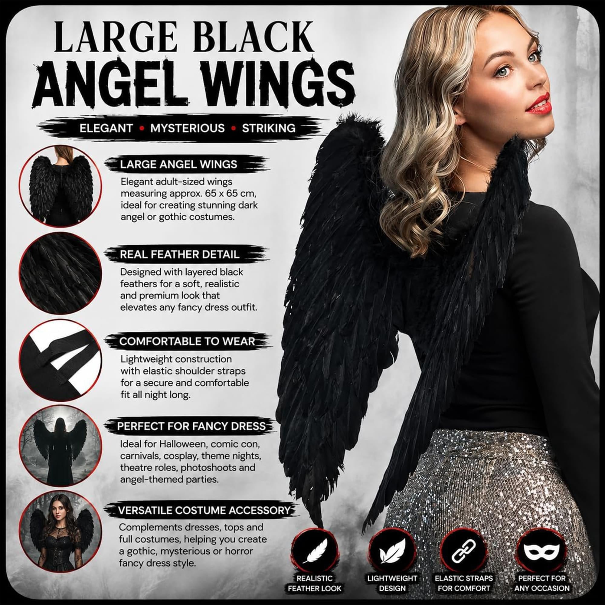 Black Feather Angel Wings Adult Costume Accessory | 26 Inches