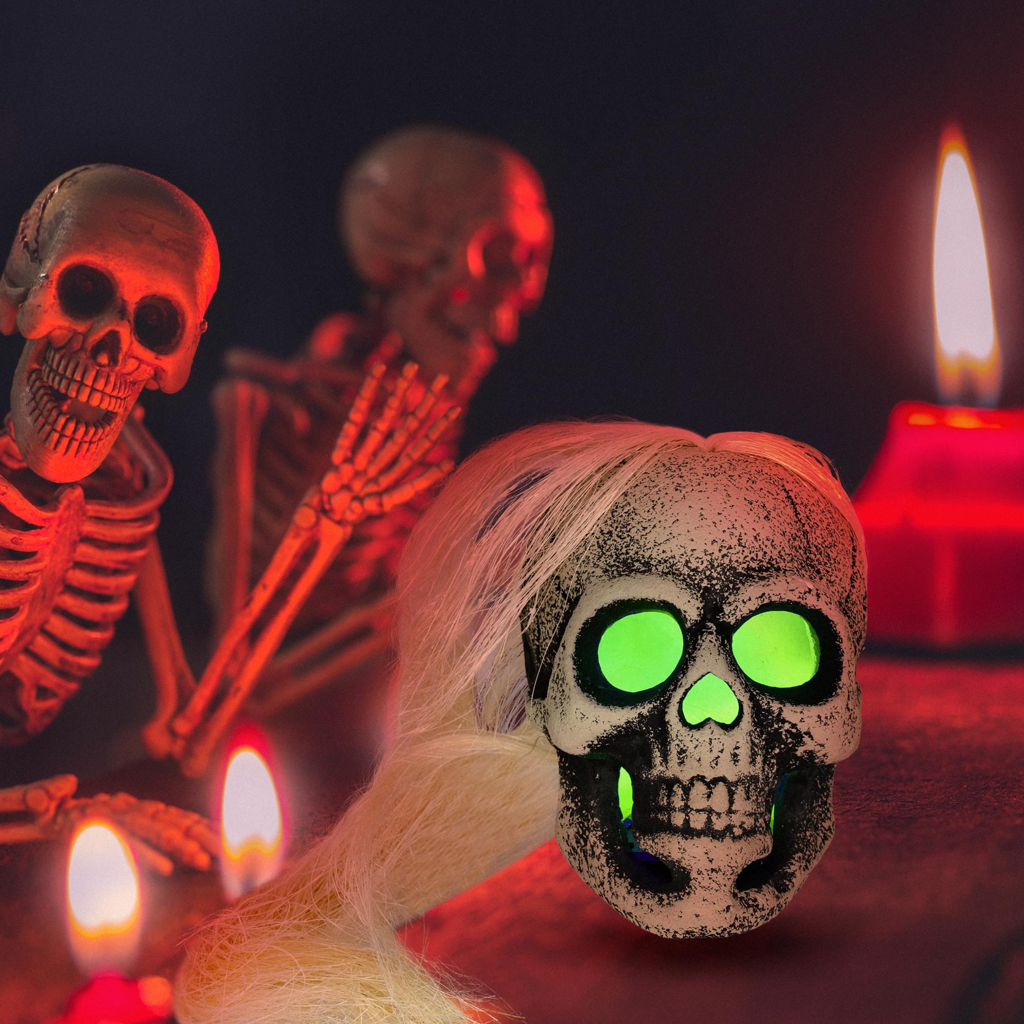 Led White Skull With Hair Scary Halloween Costume Mask Prop