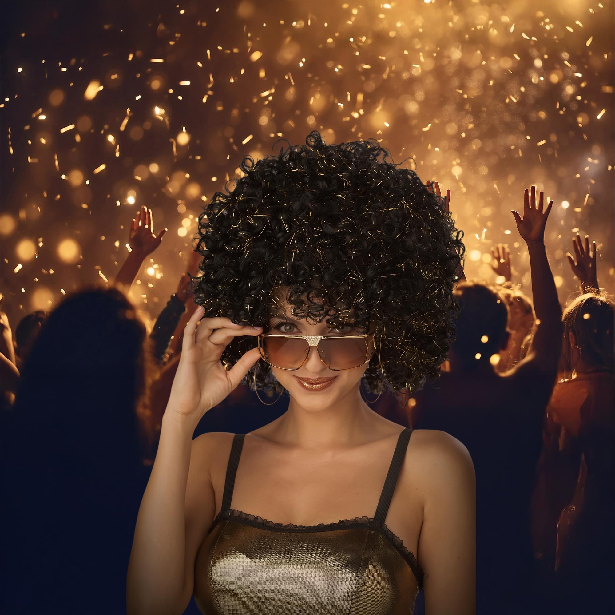 Disco Glitter Afro Black and Gold Costume Wig