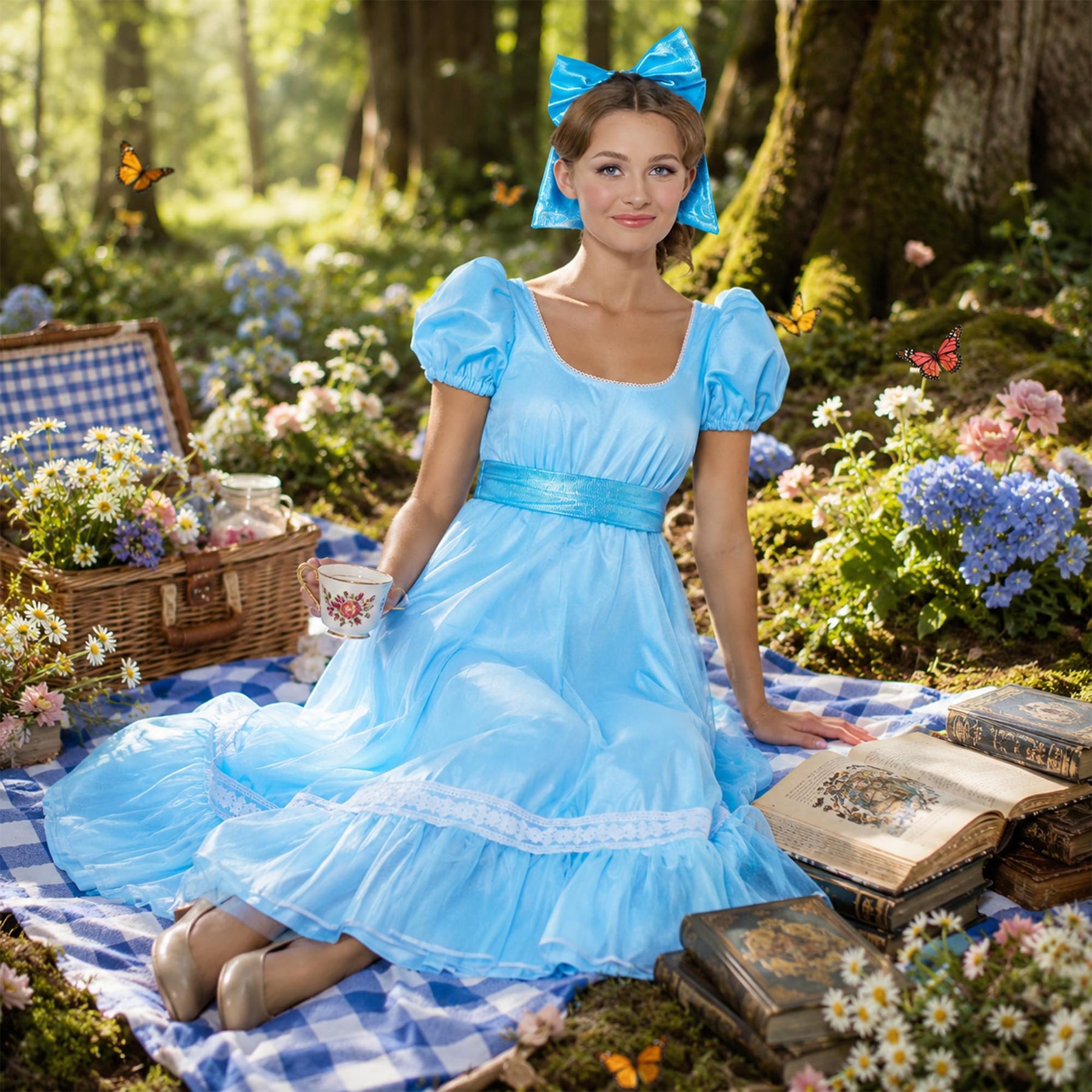 wendy blue dress peter pan Disney Adult Costume like us Color:As the picture navy blue high neck formal satin gown Wearing Brown Shoes with