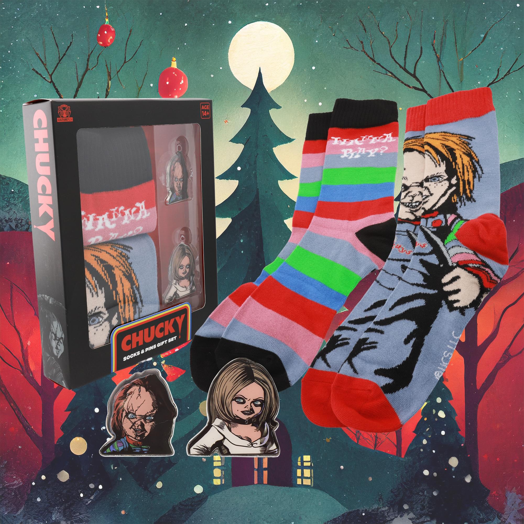 Child's Play Chucky and Tiffany Enamel Pins and Sock Bundle
