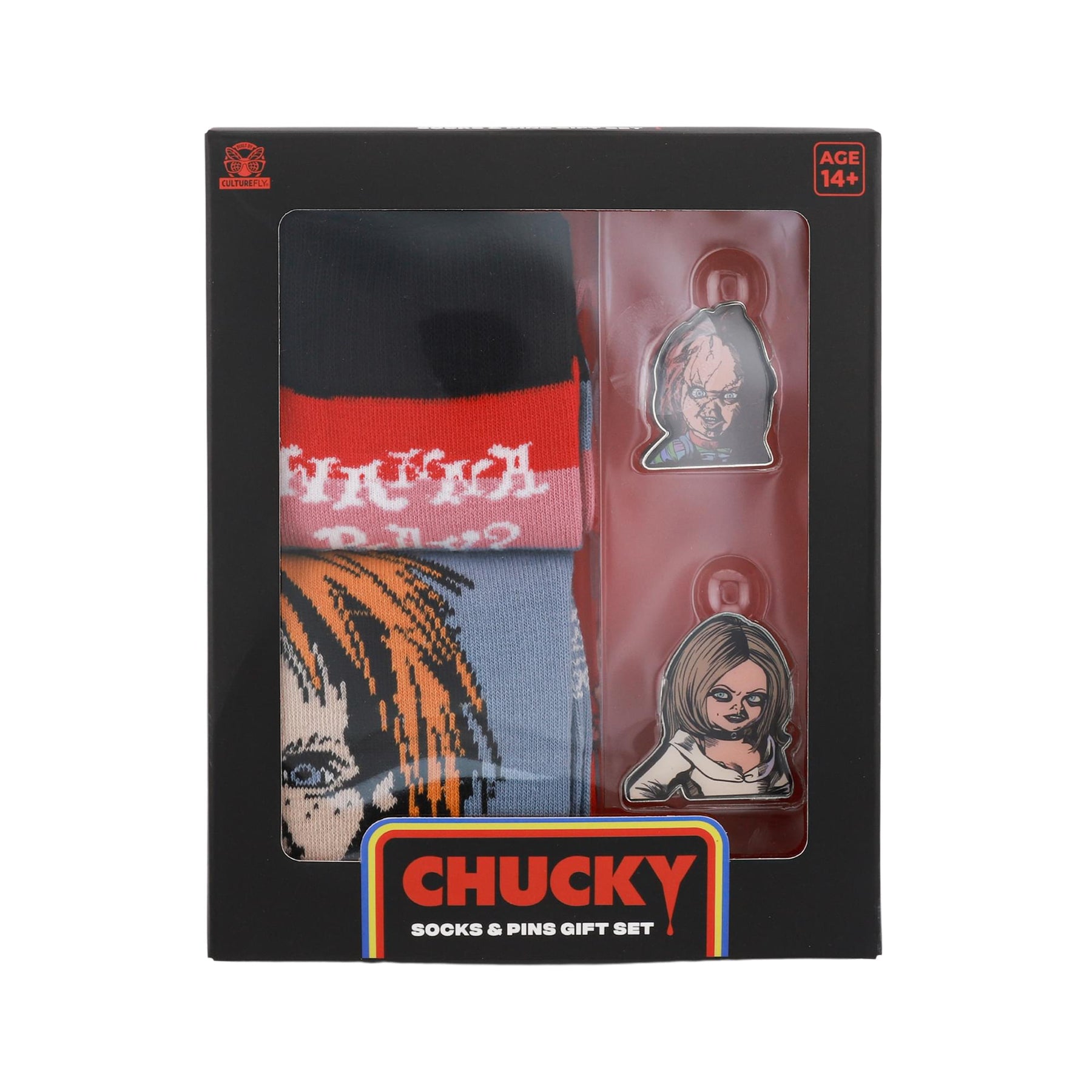 Child's Play Chucky and Tiffany Enamel Pins and Sock Bundle