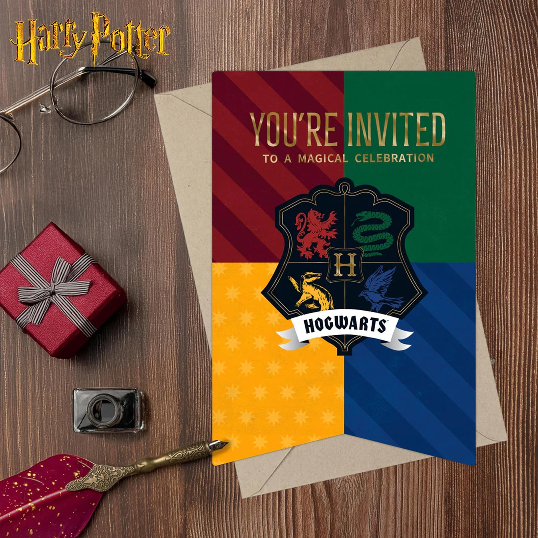 Harry Potter Hogwarts House Banner Birthday Invitation & Envelope Box Set