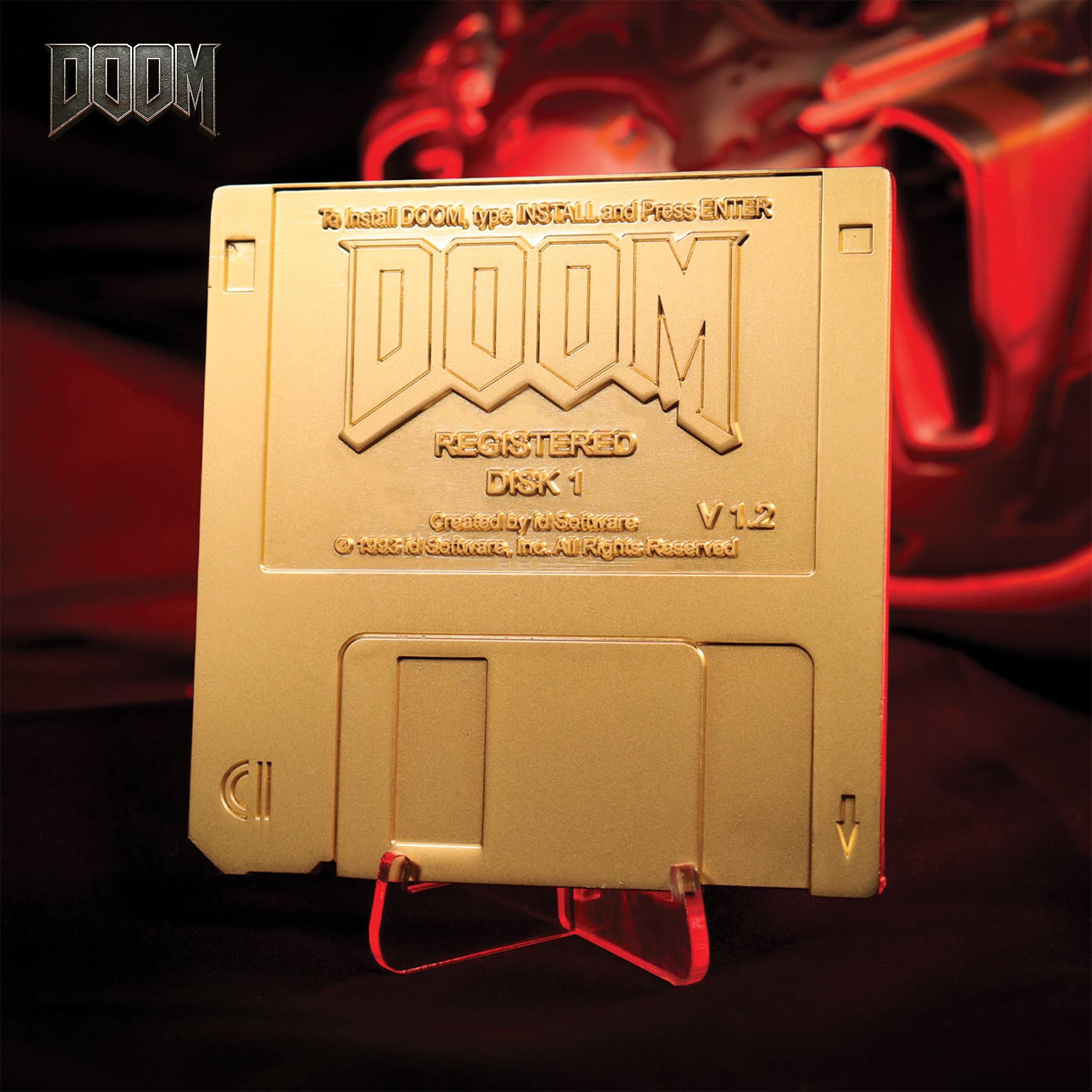 DOOM Floppy Disk Imitation Gold-Plated Replica With Display Stand | 3.5 Inches