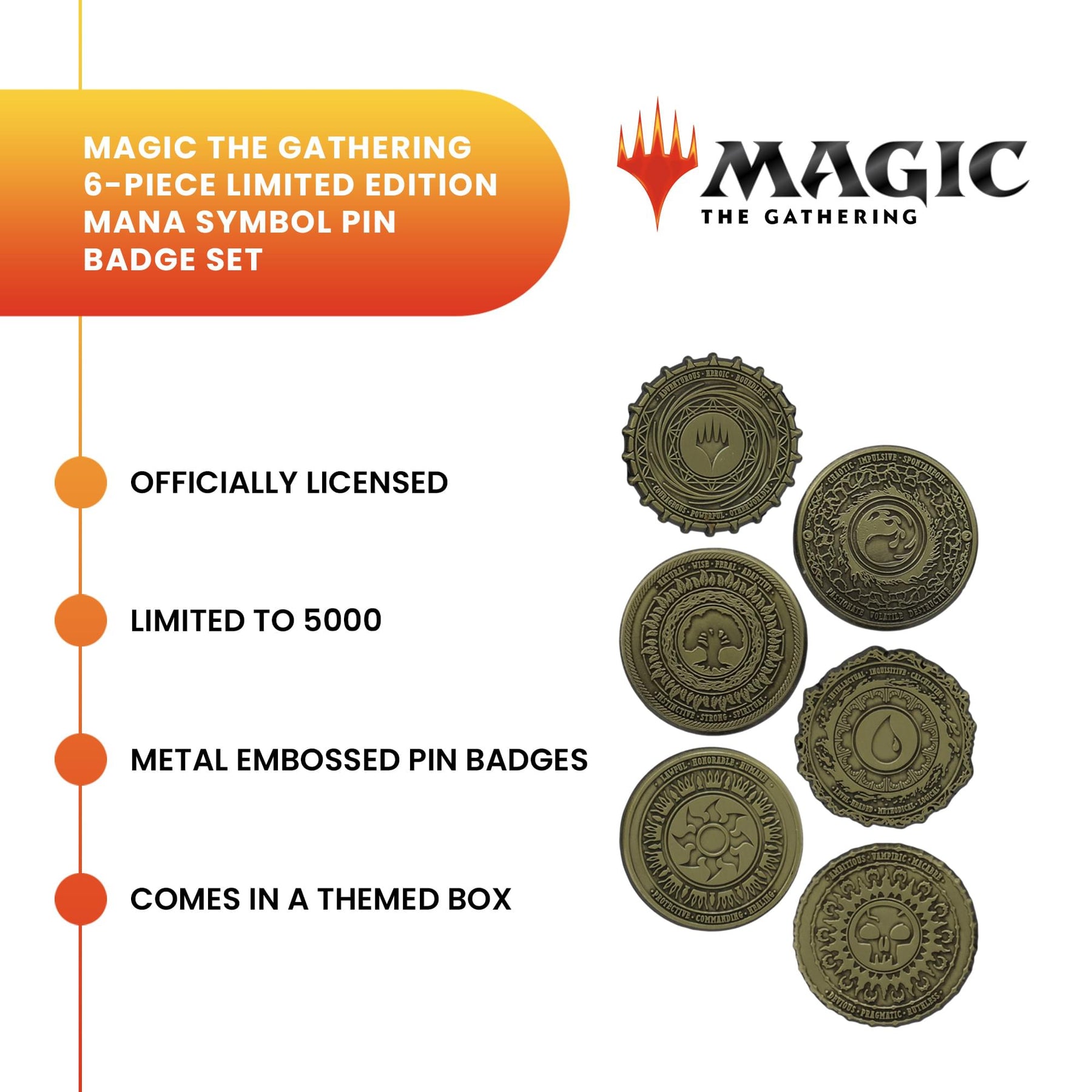 Magic The Gathering 6-Piece Limited Edition Mana Symbol Pin Badge Set