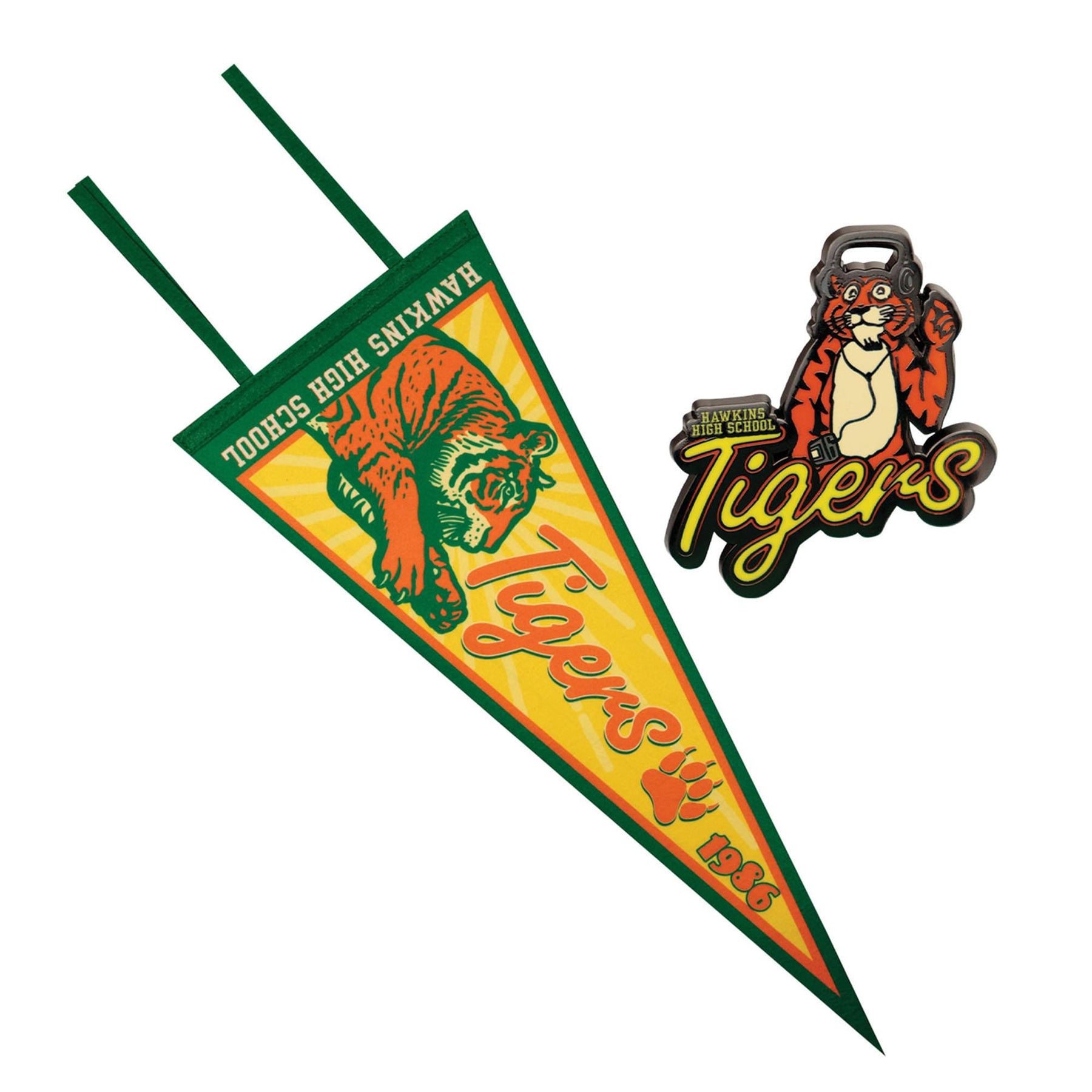 Stranger Things Hawkins High School Tigers Pennant and Enamel Pin Set