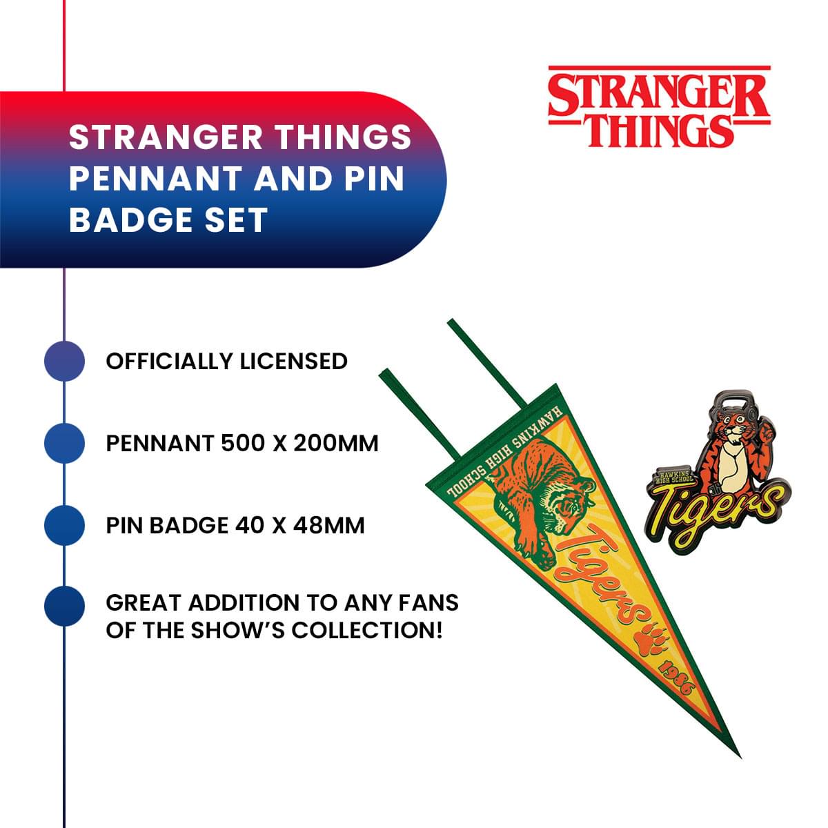 Stranger Things Hawkins High School Tigers Pennant and Enamel Pin Set