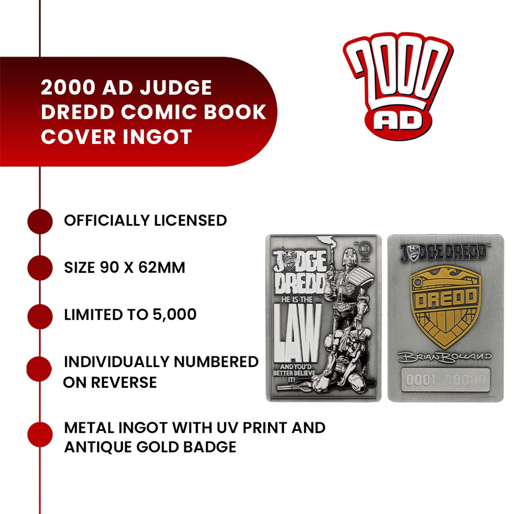 2000 AD Judge Dredd #1 Comic Book Cover Limited Edition Metal Ingot