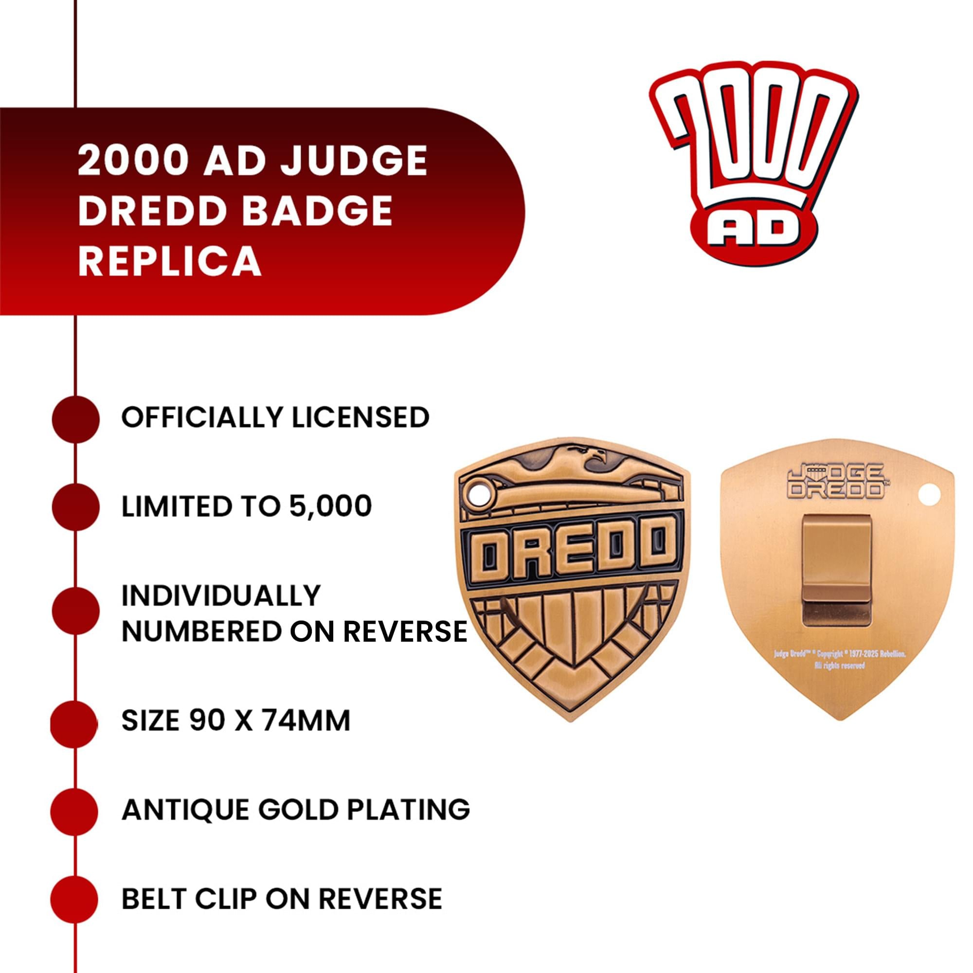 2000 AD Judge Dredd Badge Limited Edition Gold-Plated Metal Replica