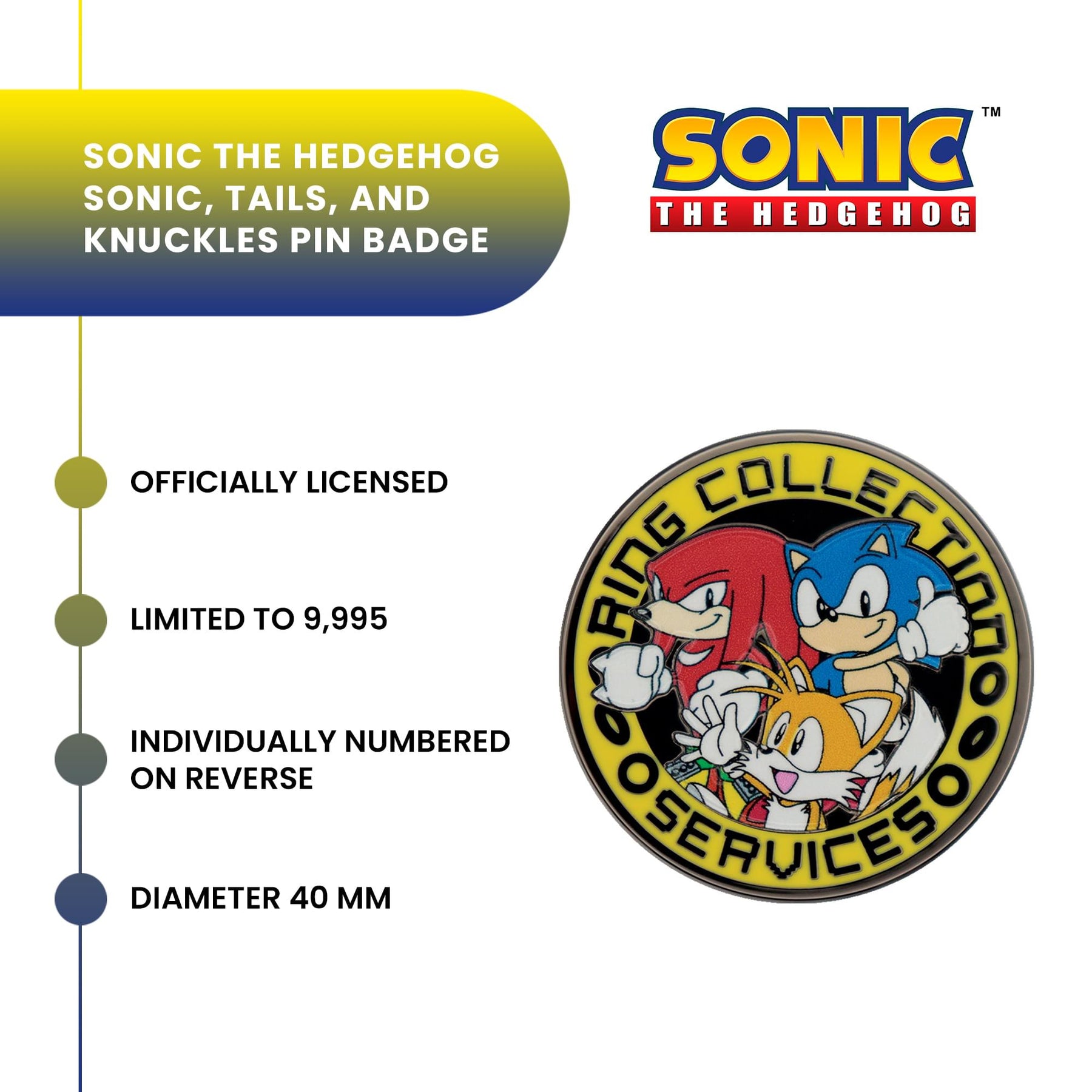 Sonic The Hedgehog Limited Edition Sonic, Tails, and Knuckles Pin Badge