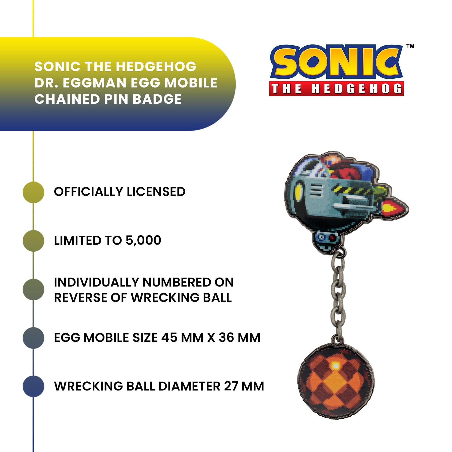 Sonic The Hedgehog Limited Edition Dr. Eggman Egg Mobile Chained Pin Badge