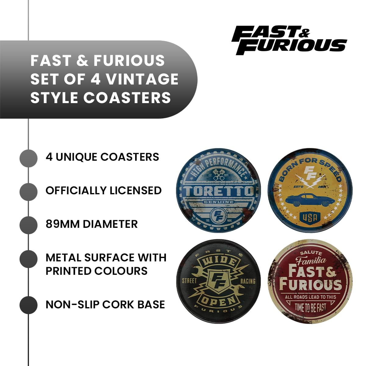 Fast & Furious Vintage Style 4-Piece Metal Coasters