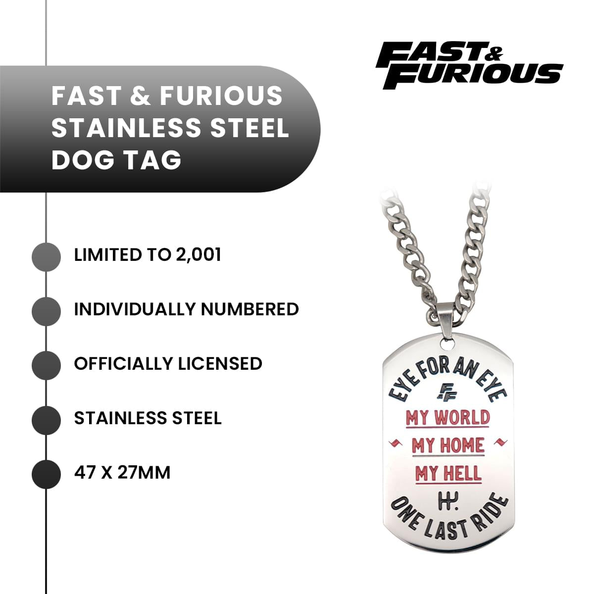 Fast & Furious "One Last Ride" Limited Edition Stainless Steel Dog Tag