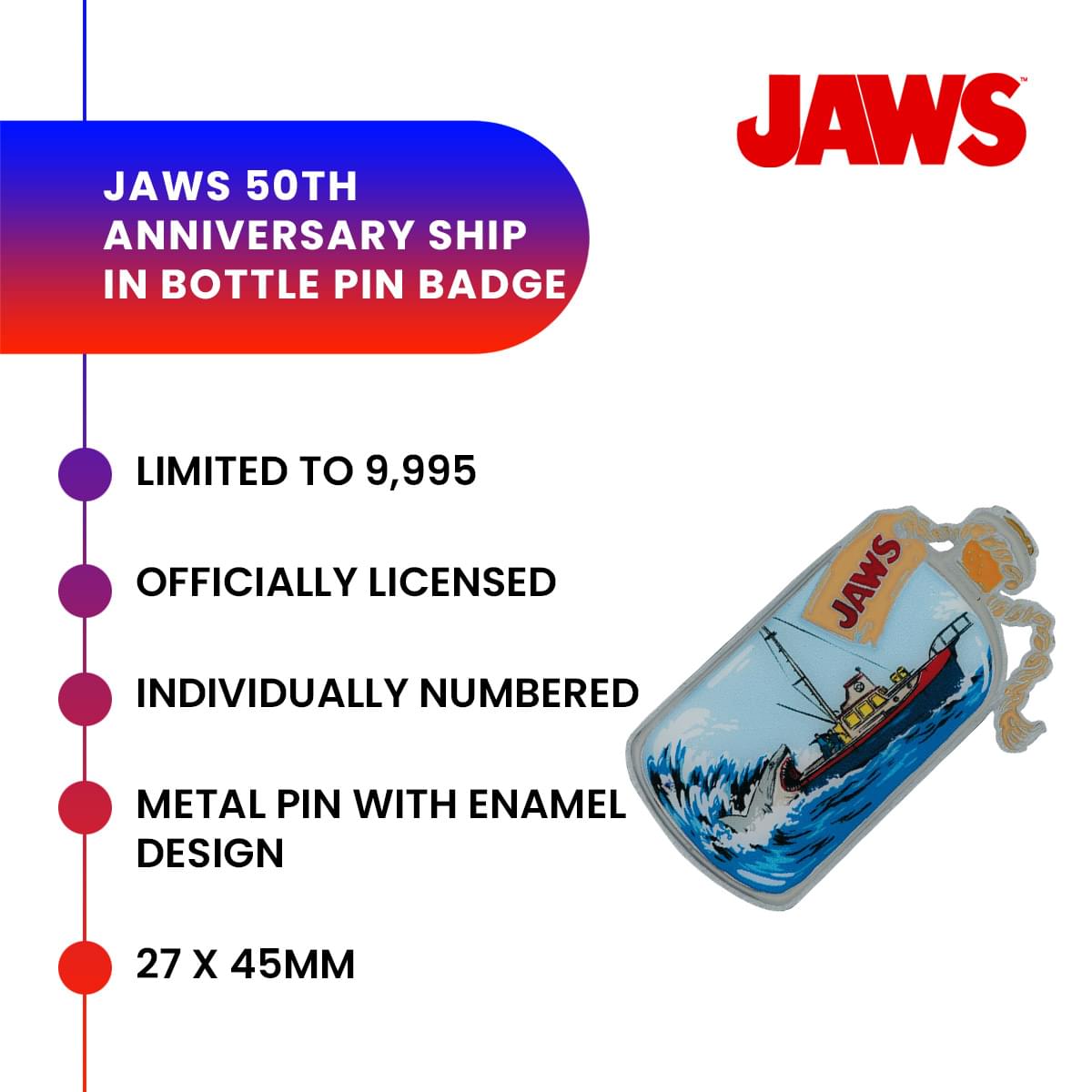 Jaws 50th Anniversary Ship In Bottle Limited Edition Pin Badge
