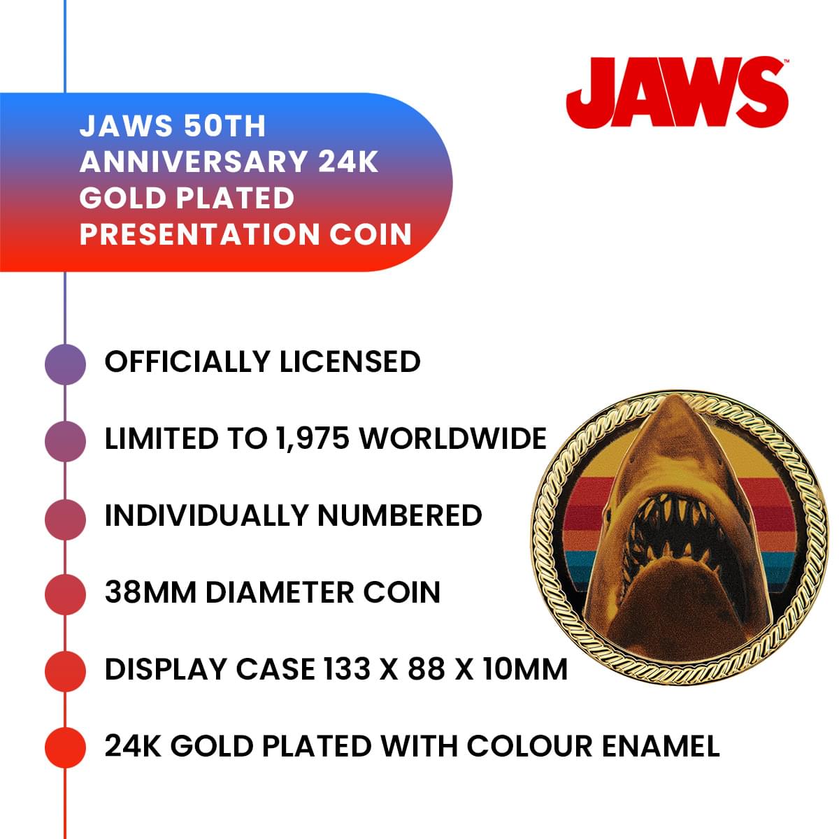 Jaws 50th Anniversary Limited Edition 24K Gold-Plated Collectible Coin