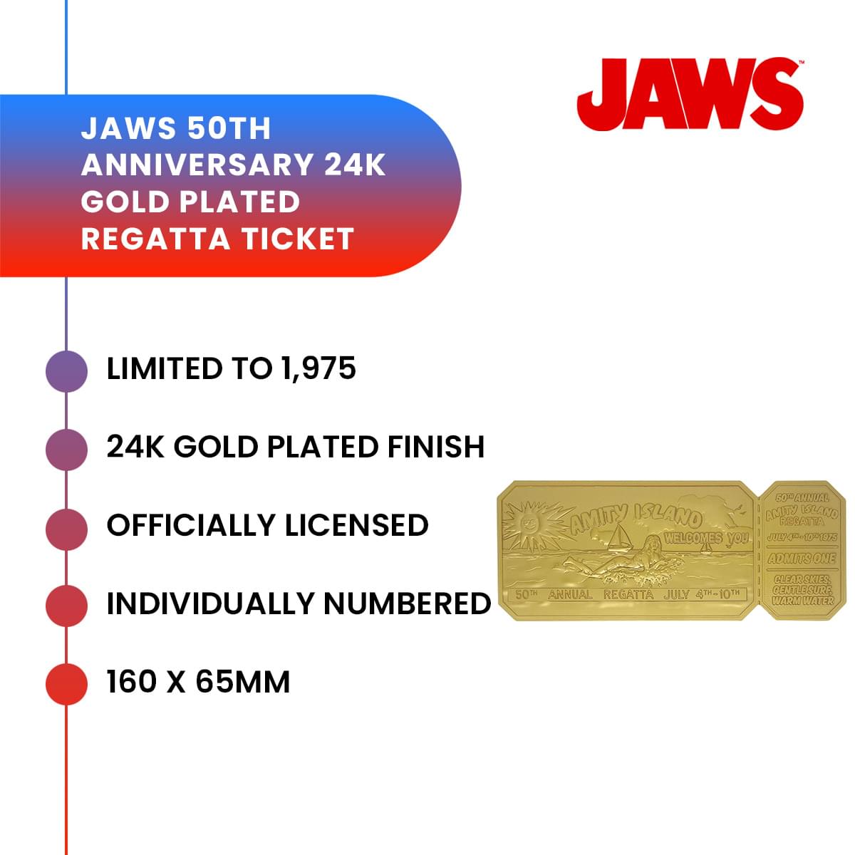 Jaws 50th Anniversary Regatta Ticket Limited Edition 24K Gold-Plated Replica