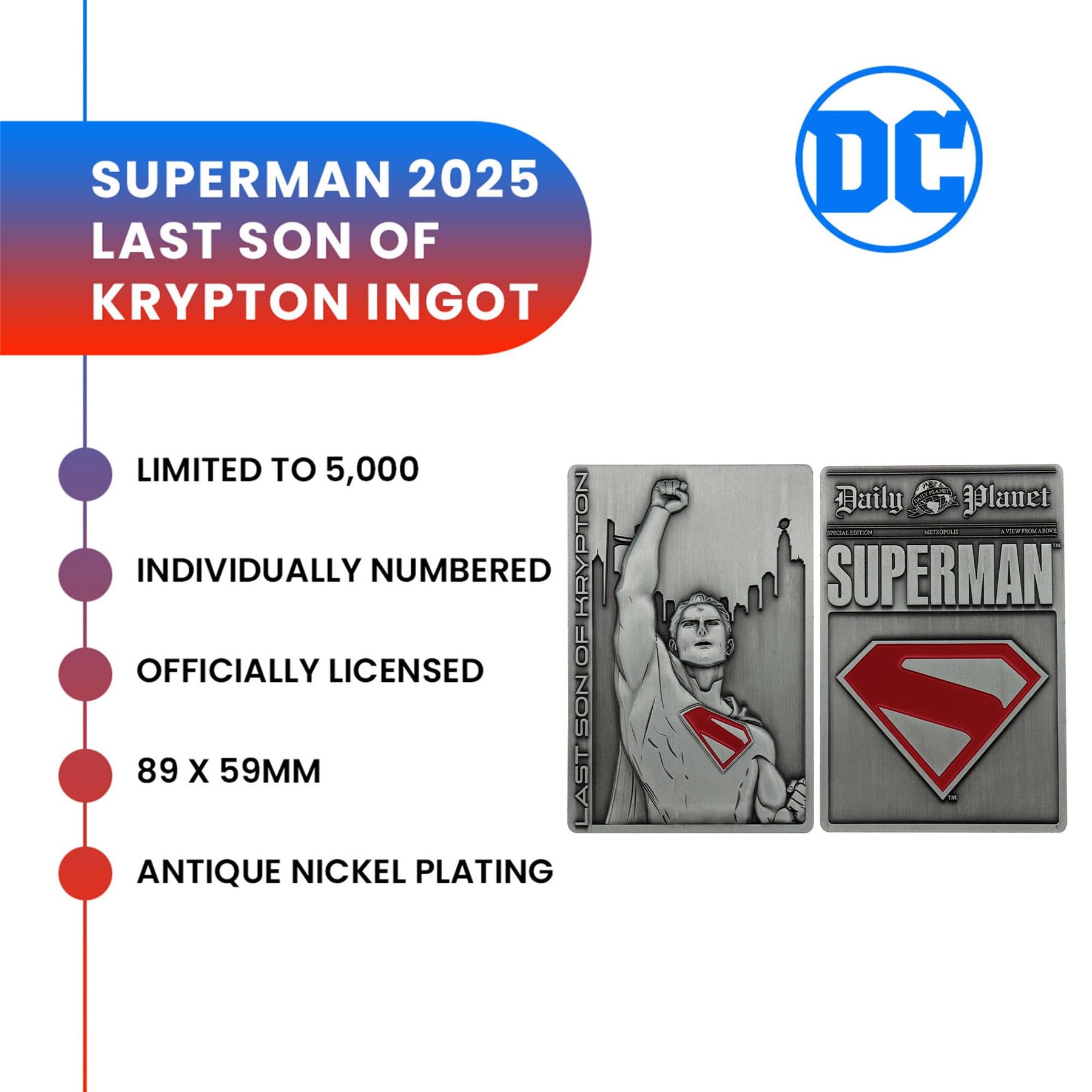 DC Comics Superman "Last Son Of Krypton" Limited Edition Embossed Metal Ingot