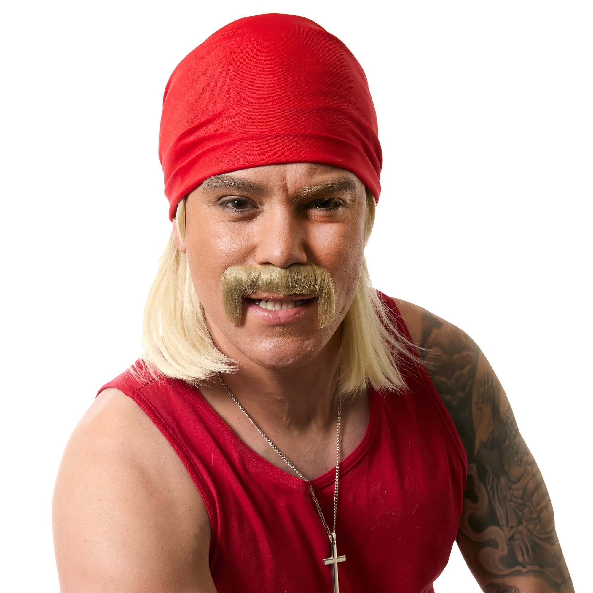 The Wrestler Wig and Moustache Adult Costume Kit (Bandana Included)