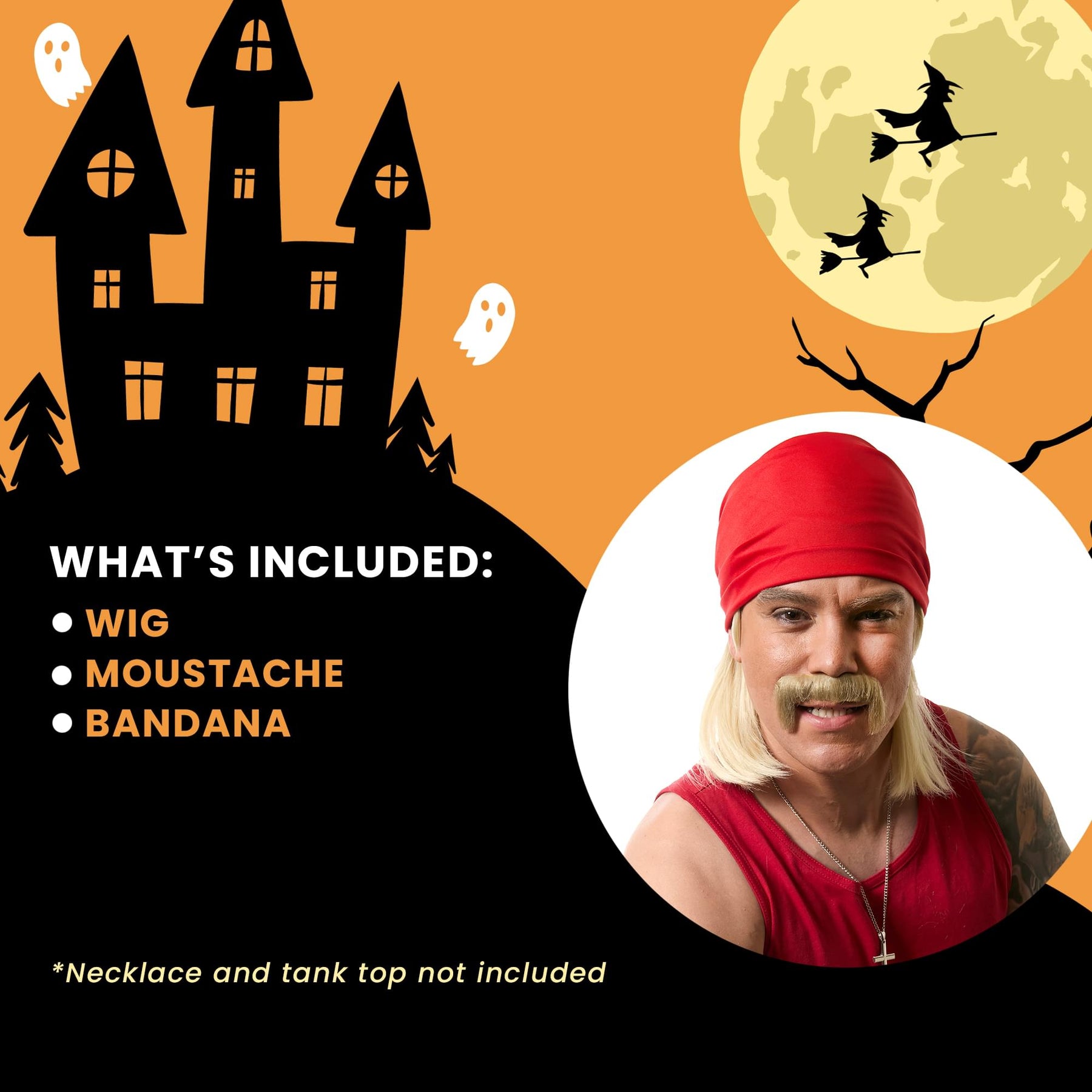 The Wrestler Wig and Moustache Adult Costume Kit (Bandana Included)
