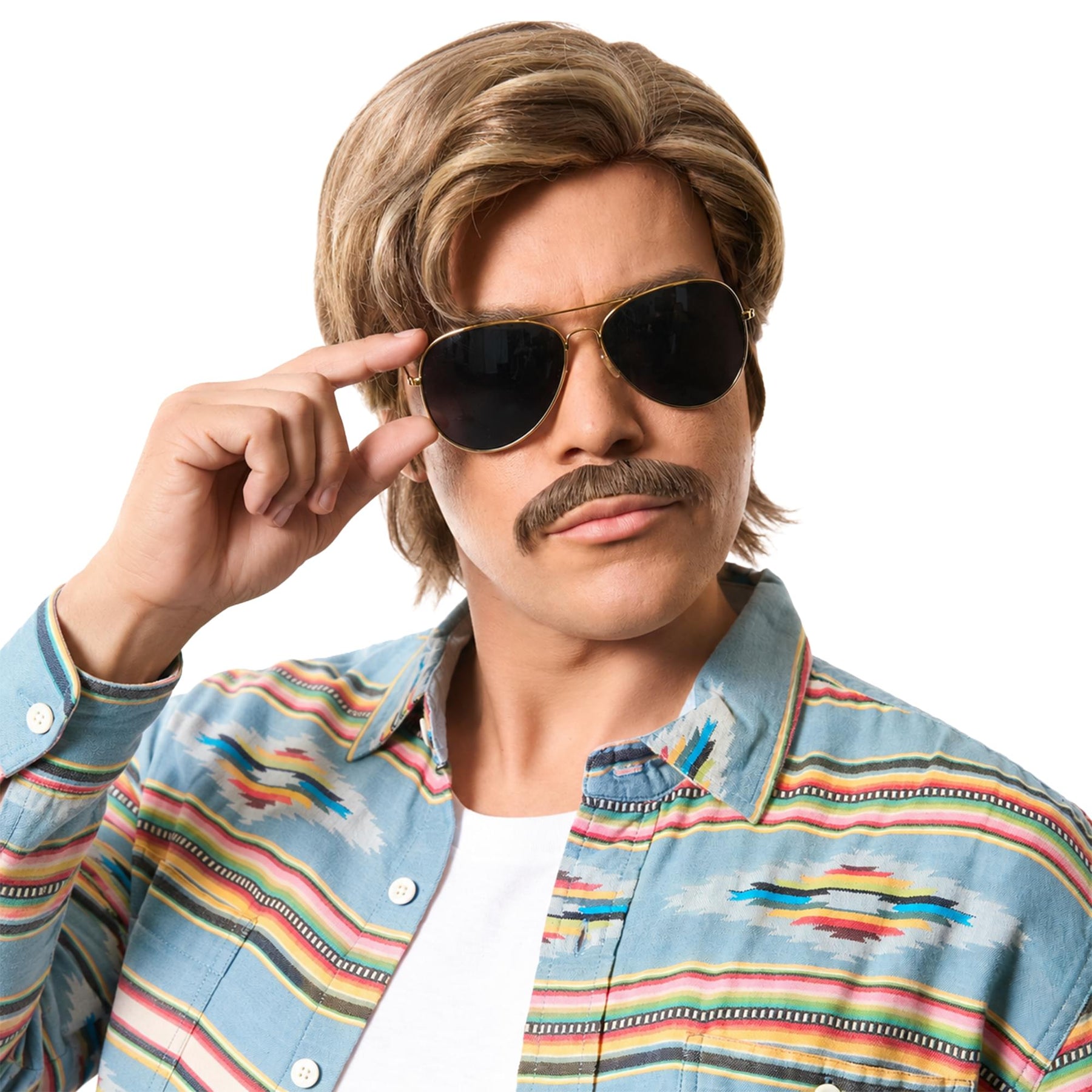 Leading Man Mixed Blonde Wig and Moustache Costume Kit