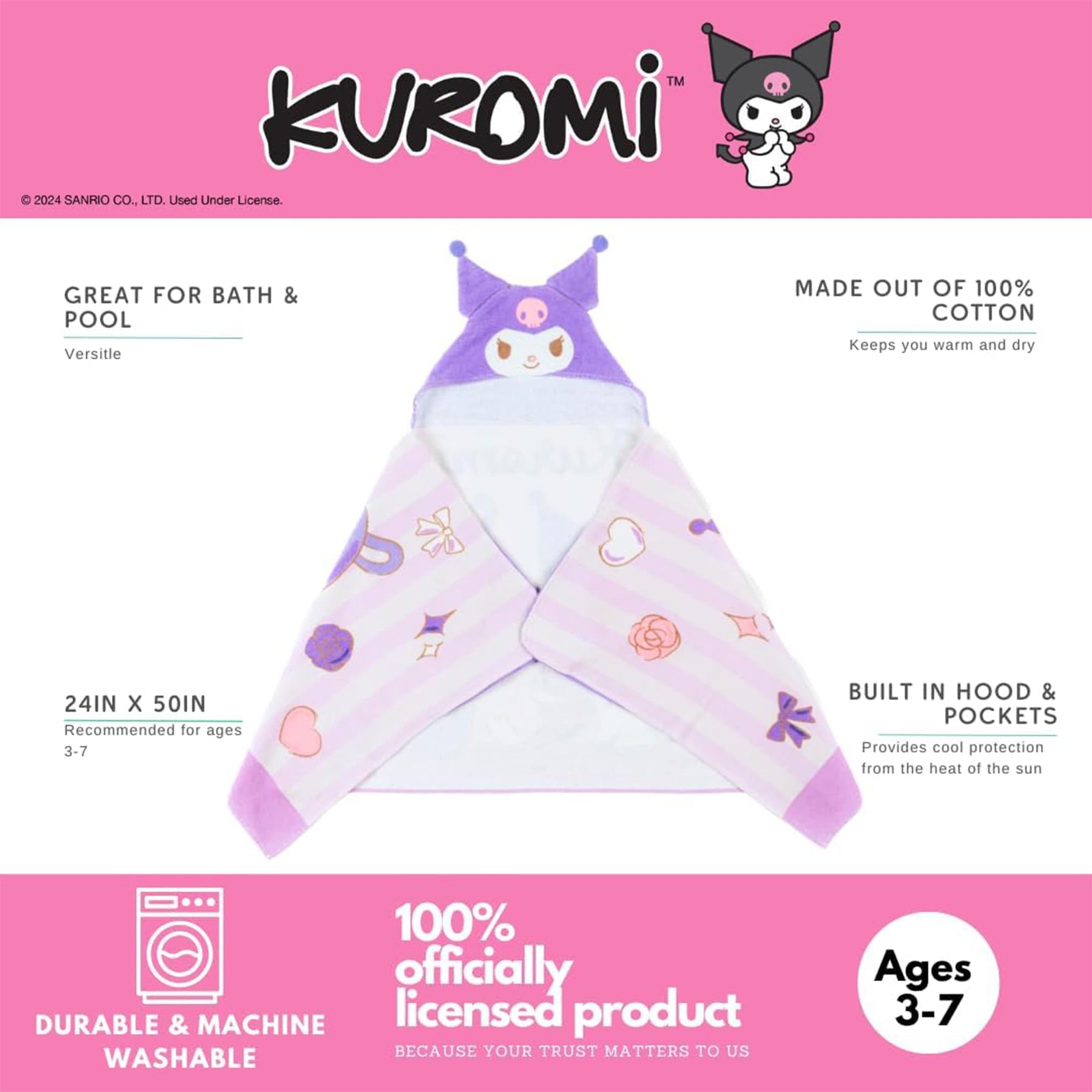 Sanrio Kuromi Soft Hooded Towel Wrap | 24 X 50 Inches