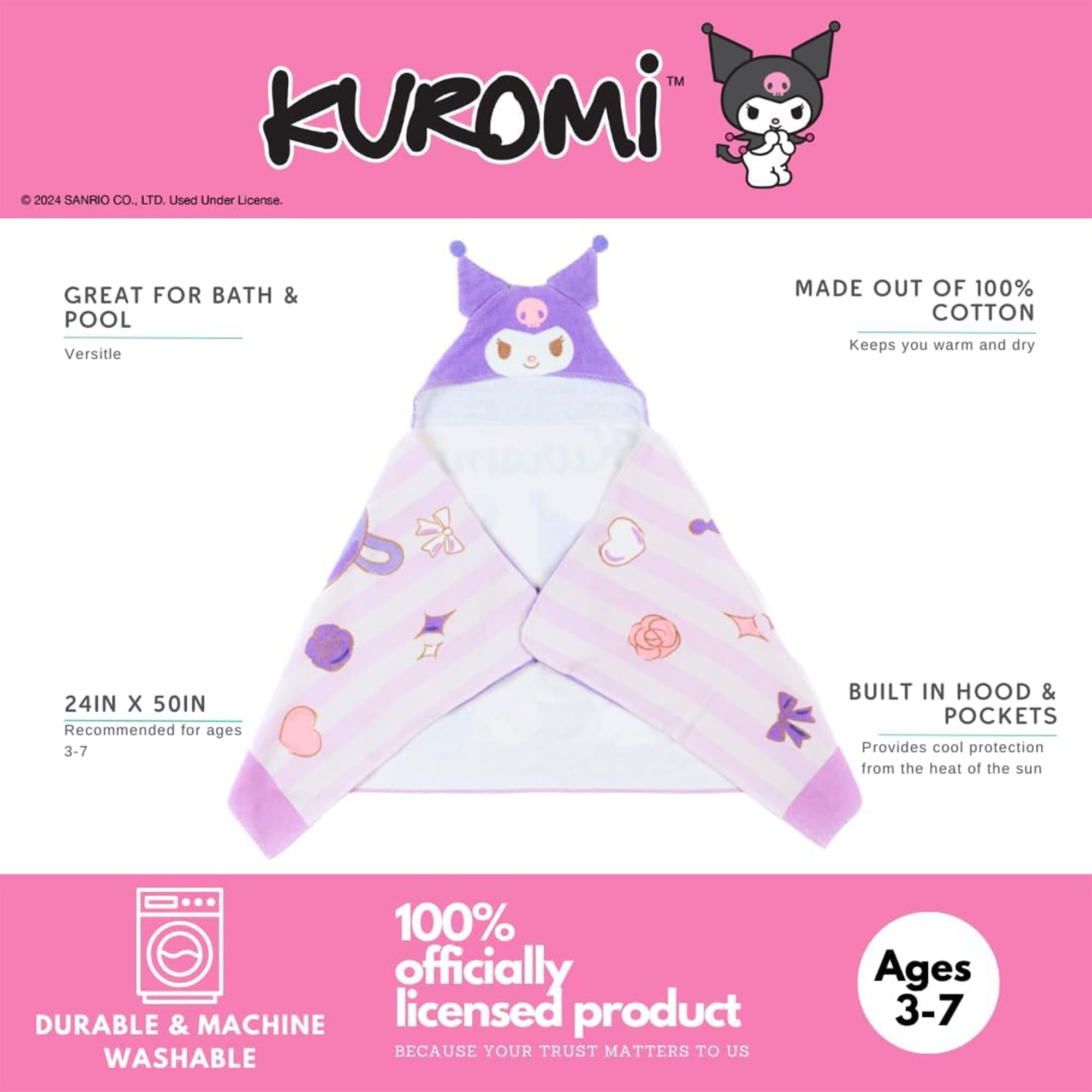 Sanrio Kuromi Soft Hooded Towel Wrap | 24 X 50 Inches