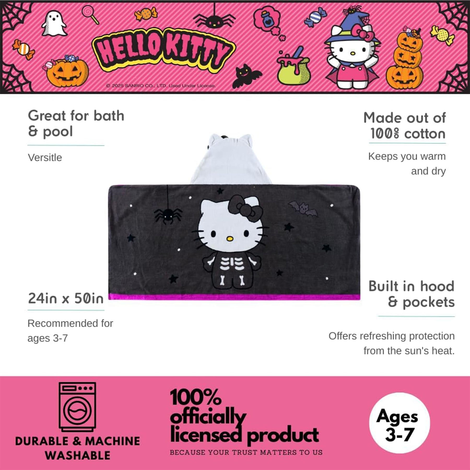 Sanrio Hello Kitty Skeleton Soft Hooded Towel Wrap | 24 X 50 Inches