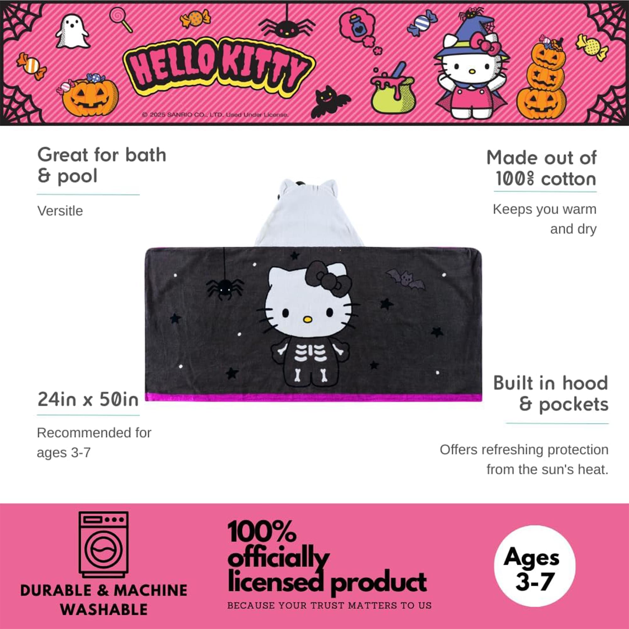 Sanrio Hello Kitty Skeleton Soft Hooded Towel Wrap | 24 X 50 Inches