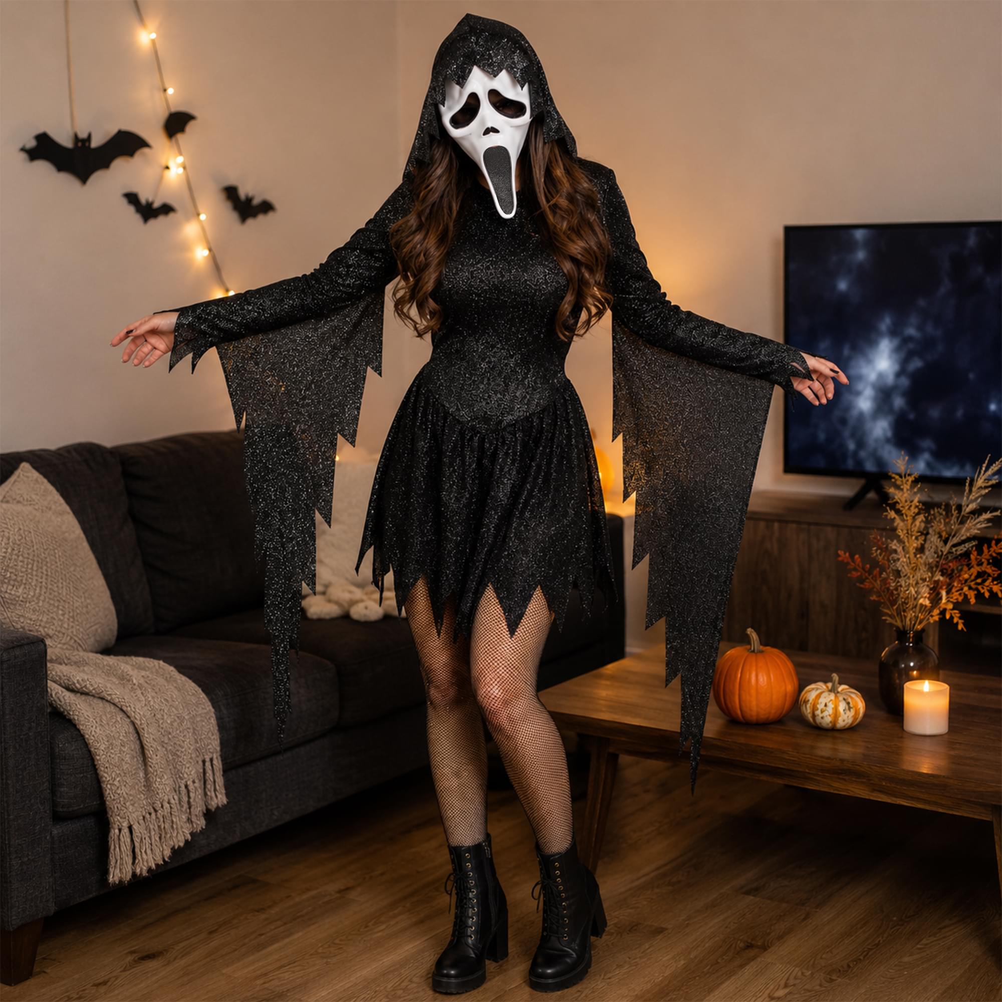 Ghost Face Black Glitter Adult Costume | Large