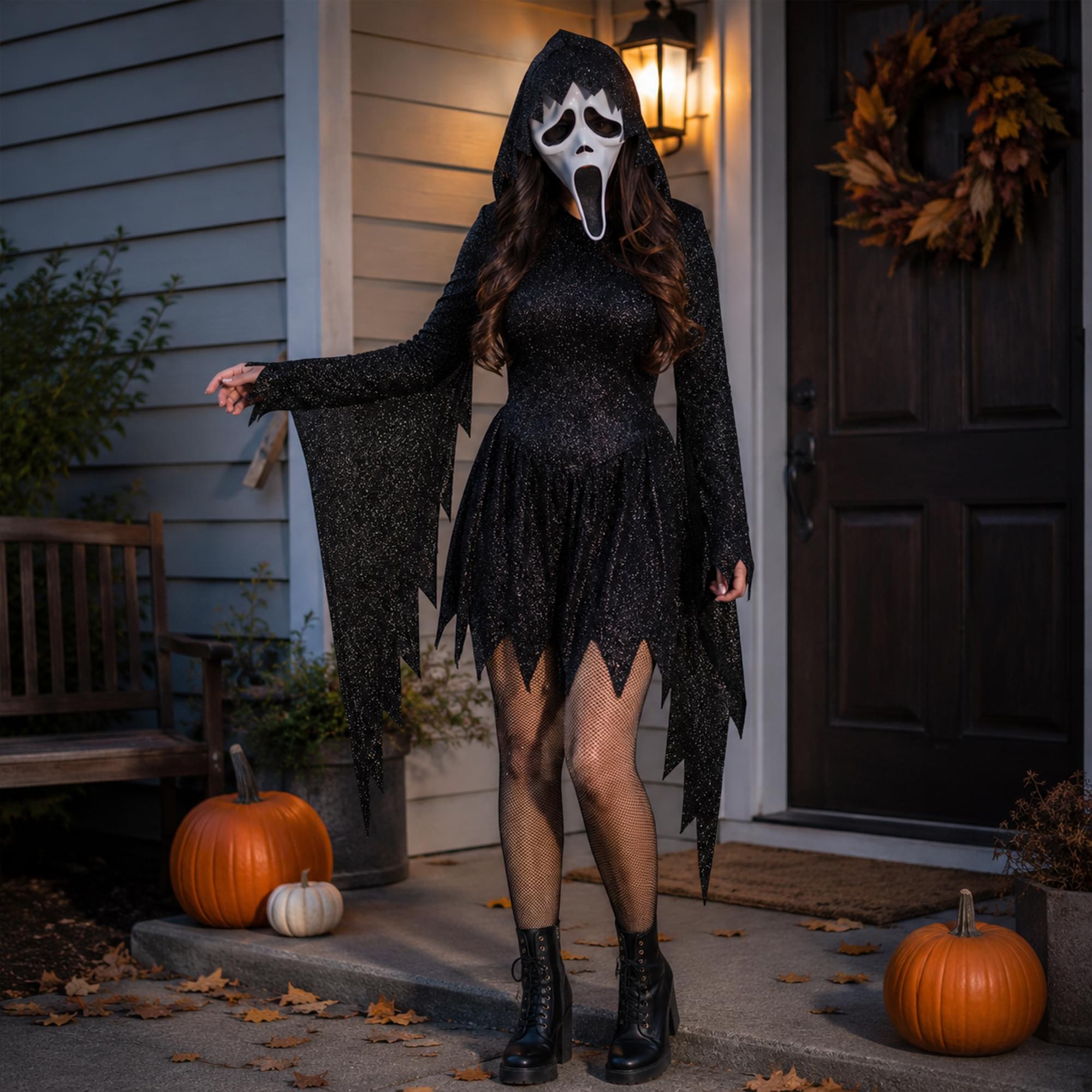 Ghost Face Black Glitter Adult Costume | Large