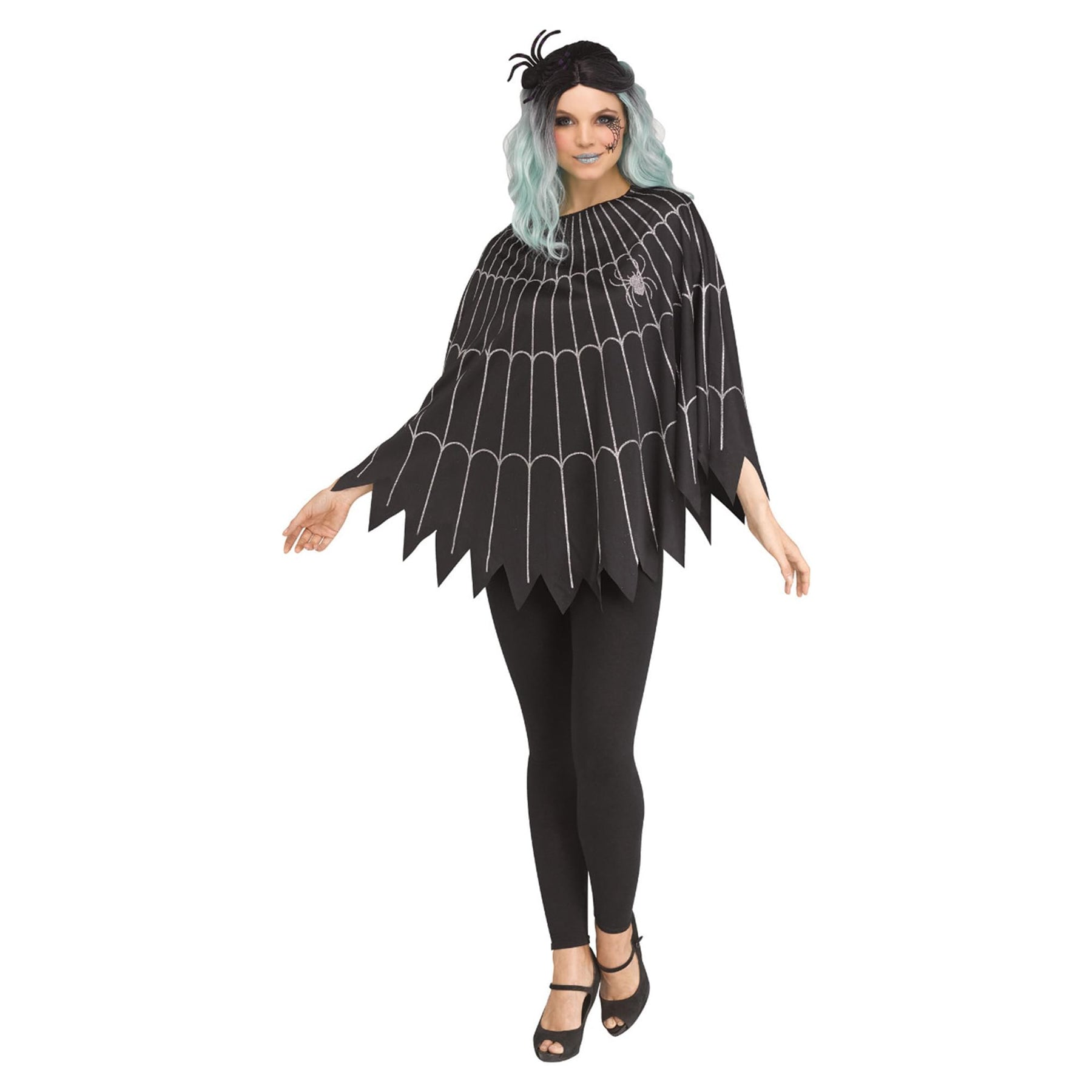 Spider Web Adult Costume Poncho, Black/Silver