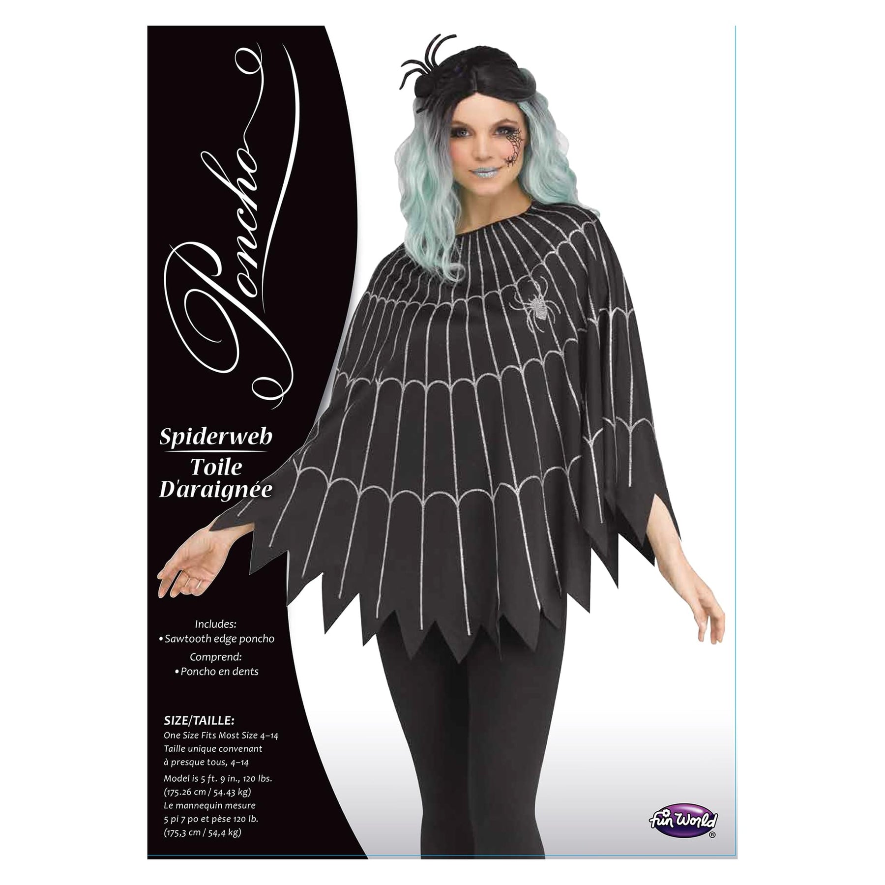 Spider Web Adult Costume Poncho, Black/Silver