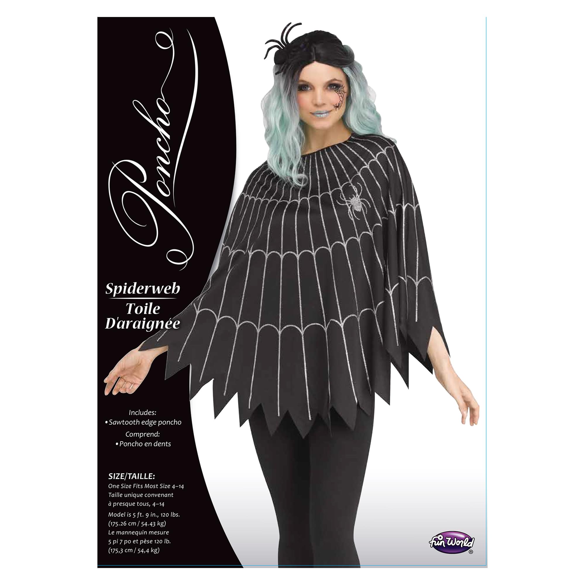 Spider Web Adult Costume Poncho, Black/Silver