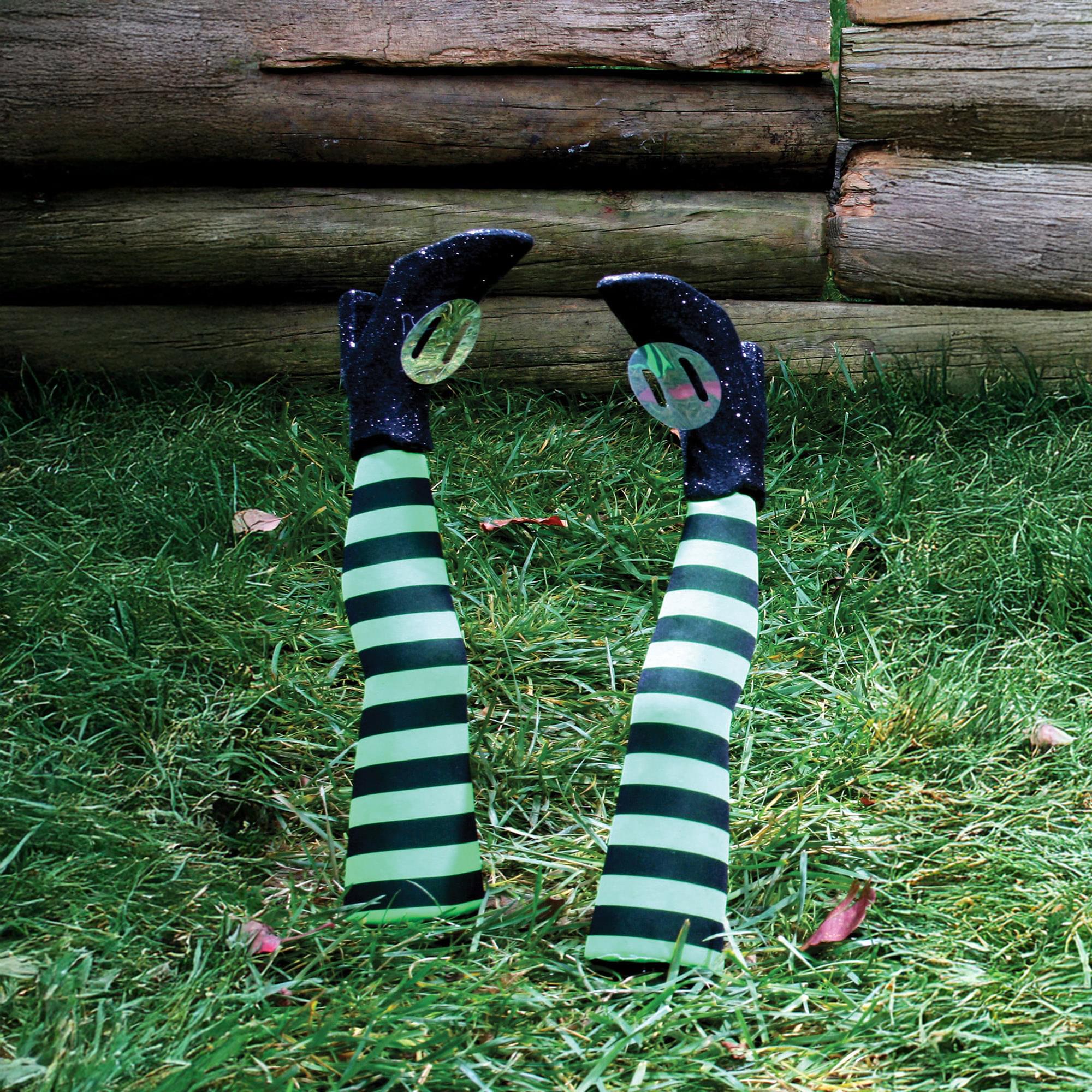Witch Legs Yard Stakes Green/Black Halloween Décor