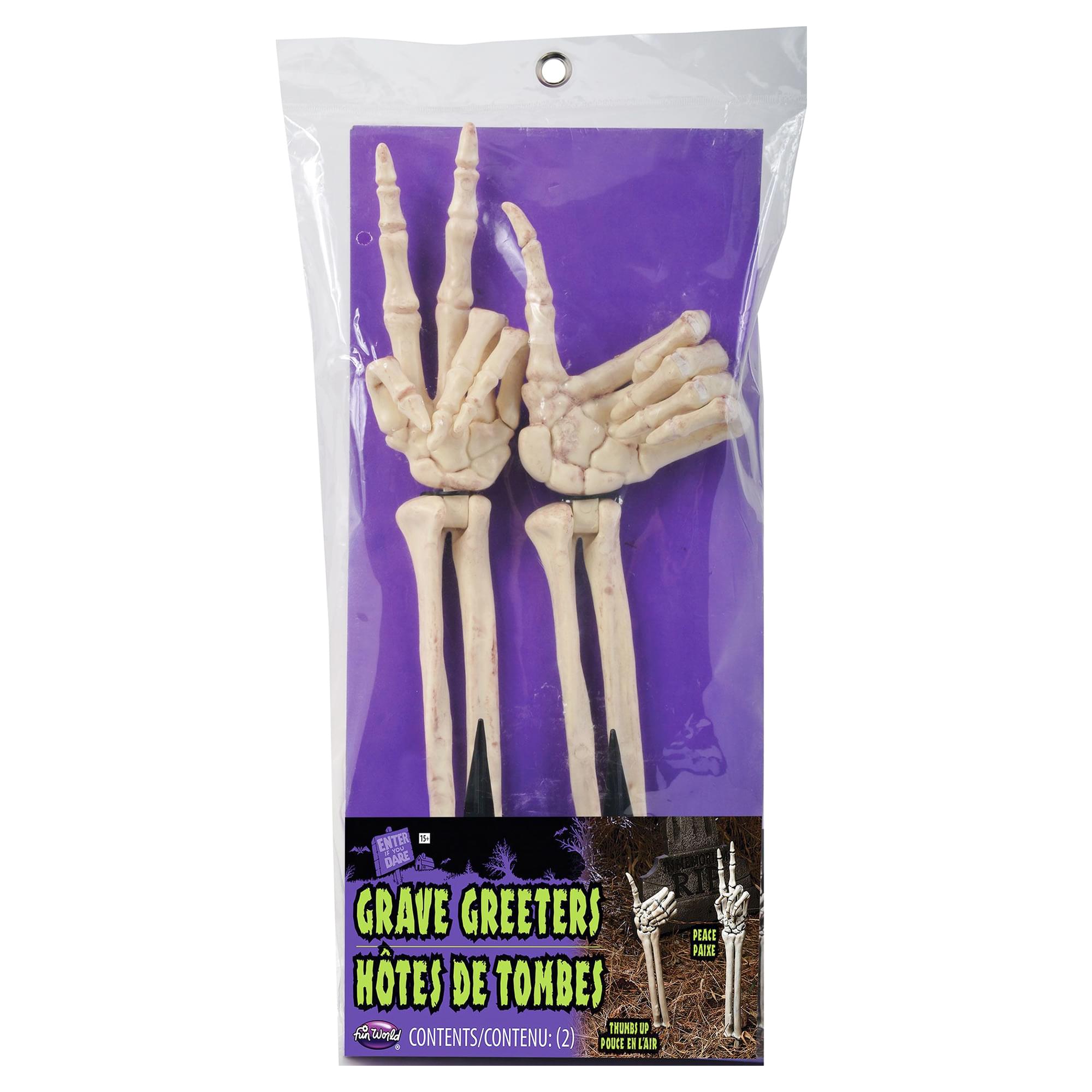 Grave Greetings Thumbs Up and Peace Sign Skeleton Arms