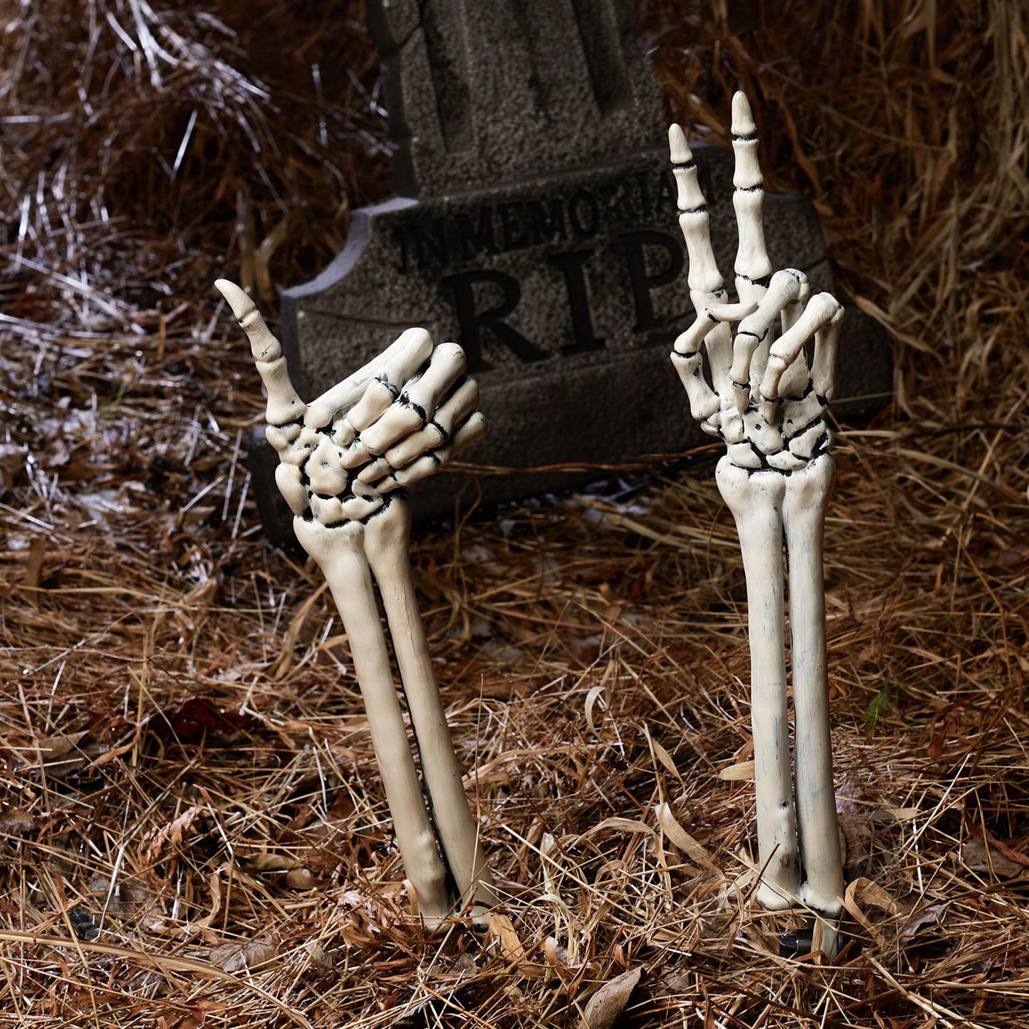 Grave Greetings Thumbs Up and Peace Sign Skeleton Arms